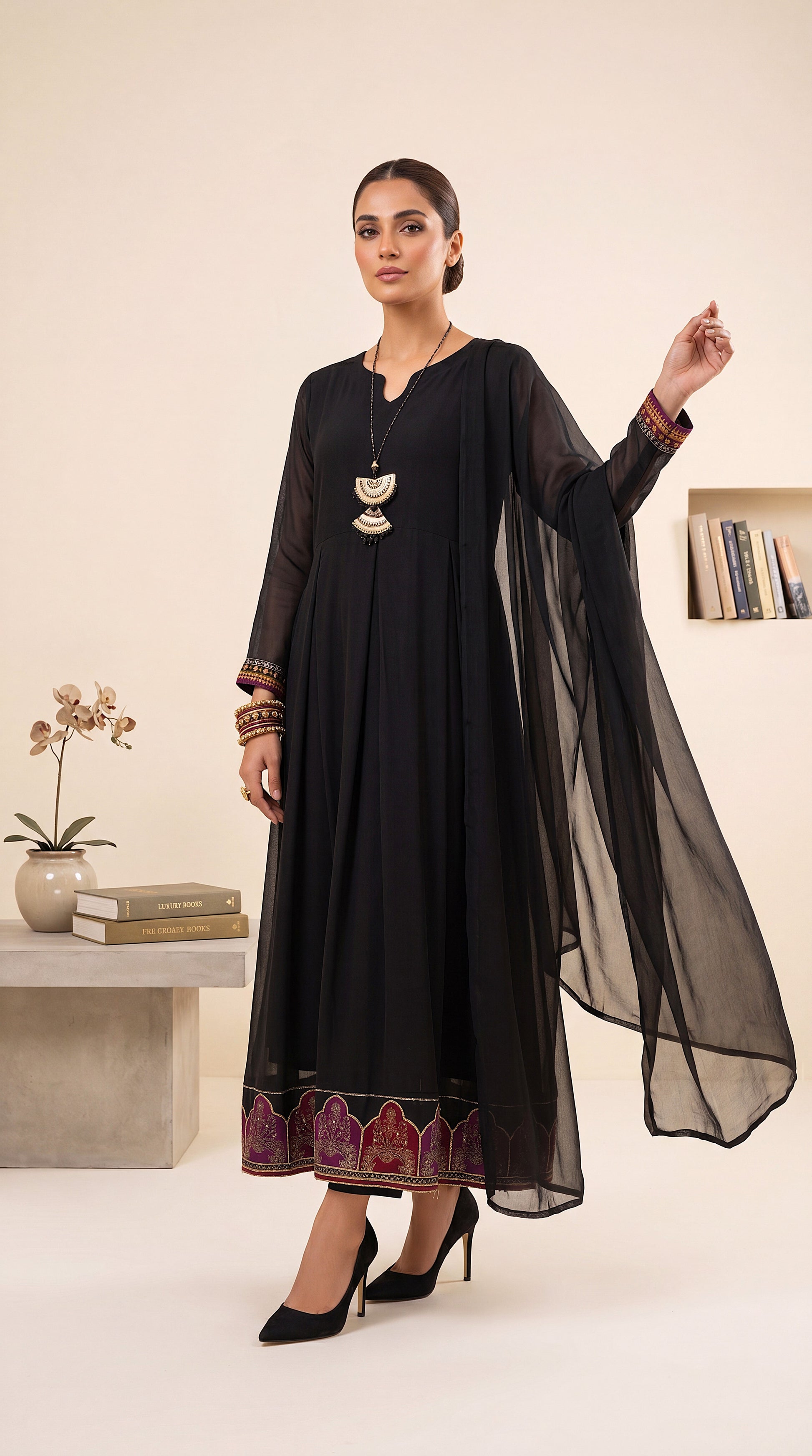 Women's Black Fusion Dress PL01201 | Embroidered Hem Border & Sheer Dupatta | 2 Piece | Chiffon BLACK / SML
