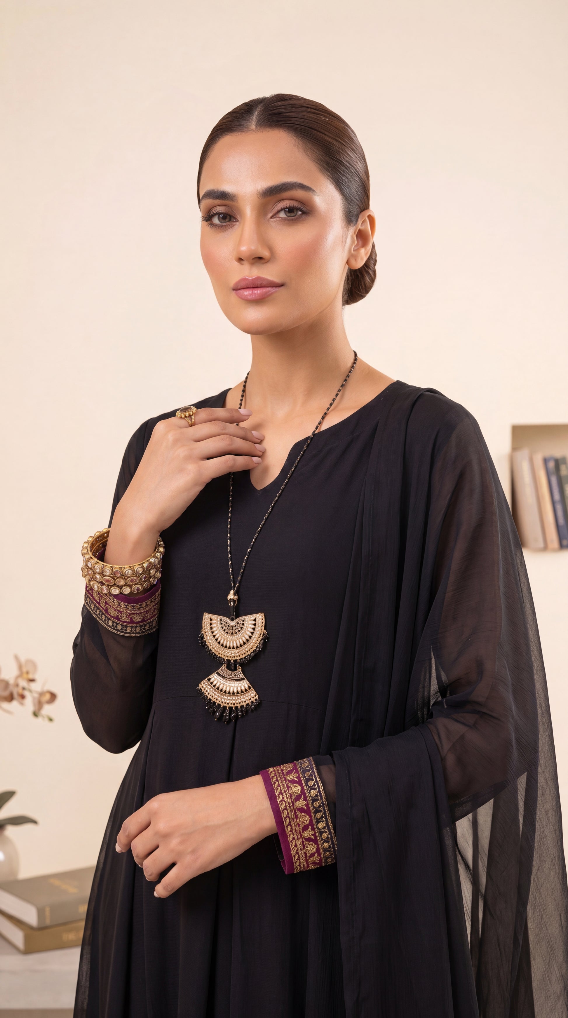 Women's Black Fusion Dress PL01201 | Embroidered Hem Border & Sheer Dupatta | 2 Piece | Chiffon BLACK / SML