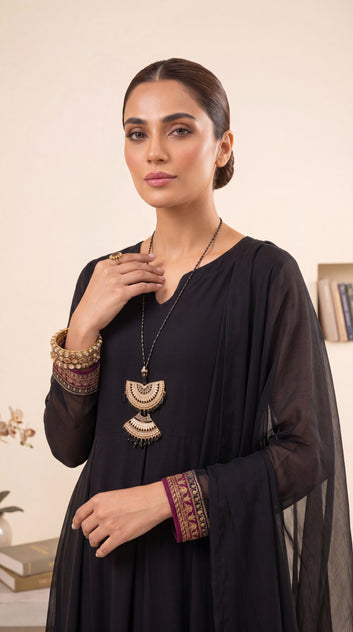 Women's Black Fusion Dress PL01201 | Embroidered Hem Border & Sheer Dupatta | 2 Piece | Chiffon BLACK / SML