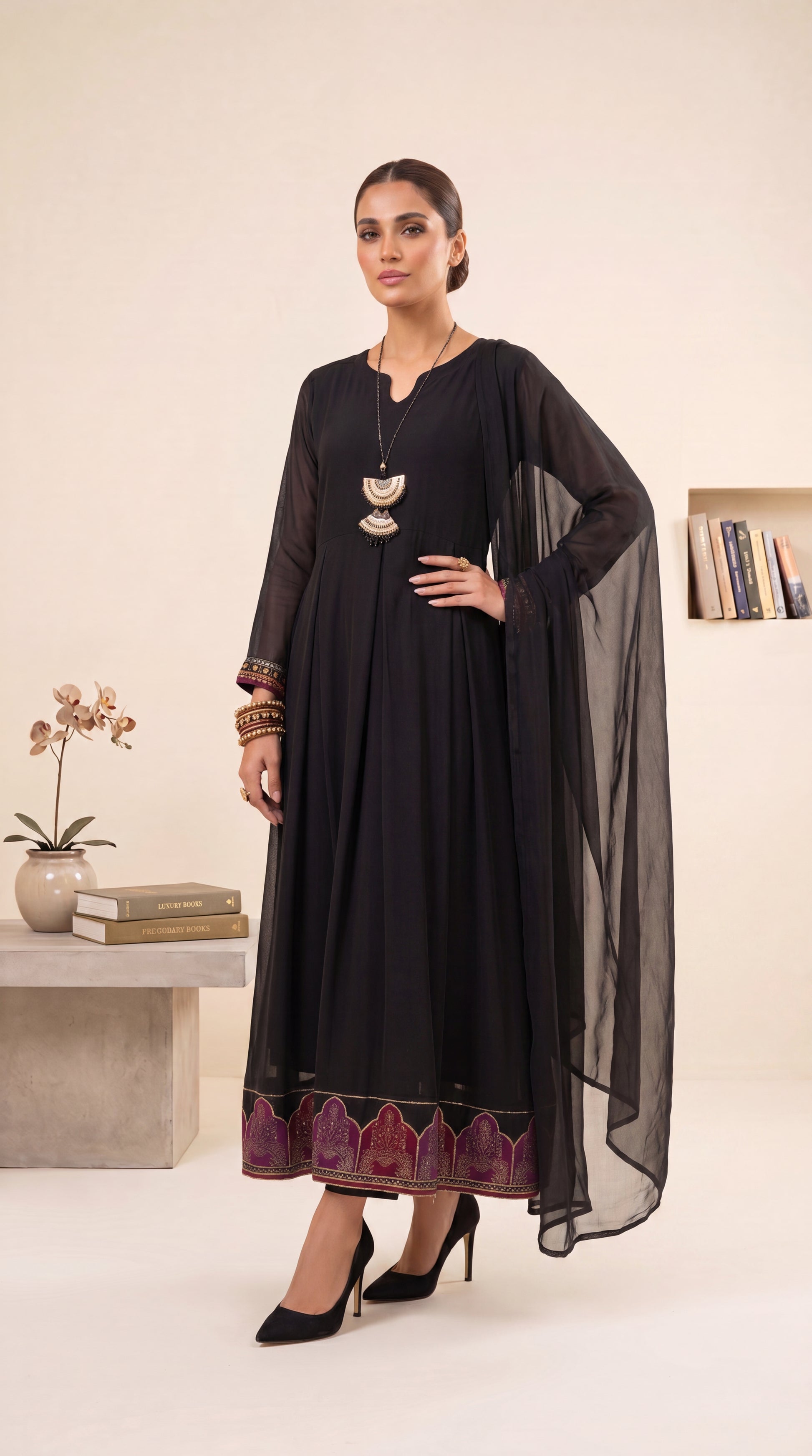 Women's Black Fusion Dress PL01201 | Embroidered Hem Border & Sheer Dupatta | 2 Piece | Chiffon BLACK / SML