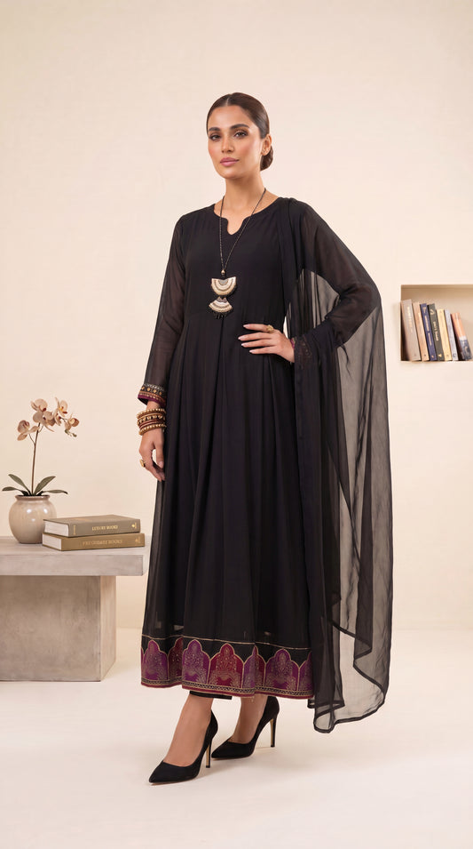 Women's Black Fusion Dress PL01201 | Embroidered Hem Border & Sheer Dupatta | 2 Piece | Chiffon BLACK / SML