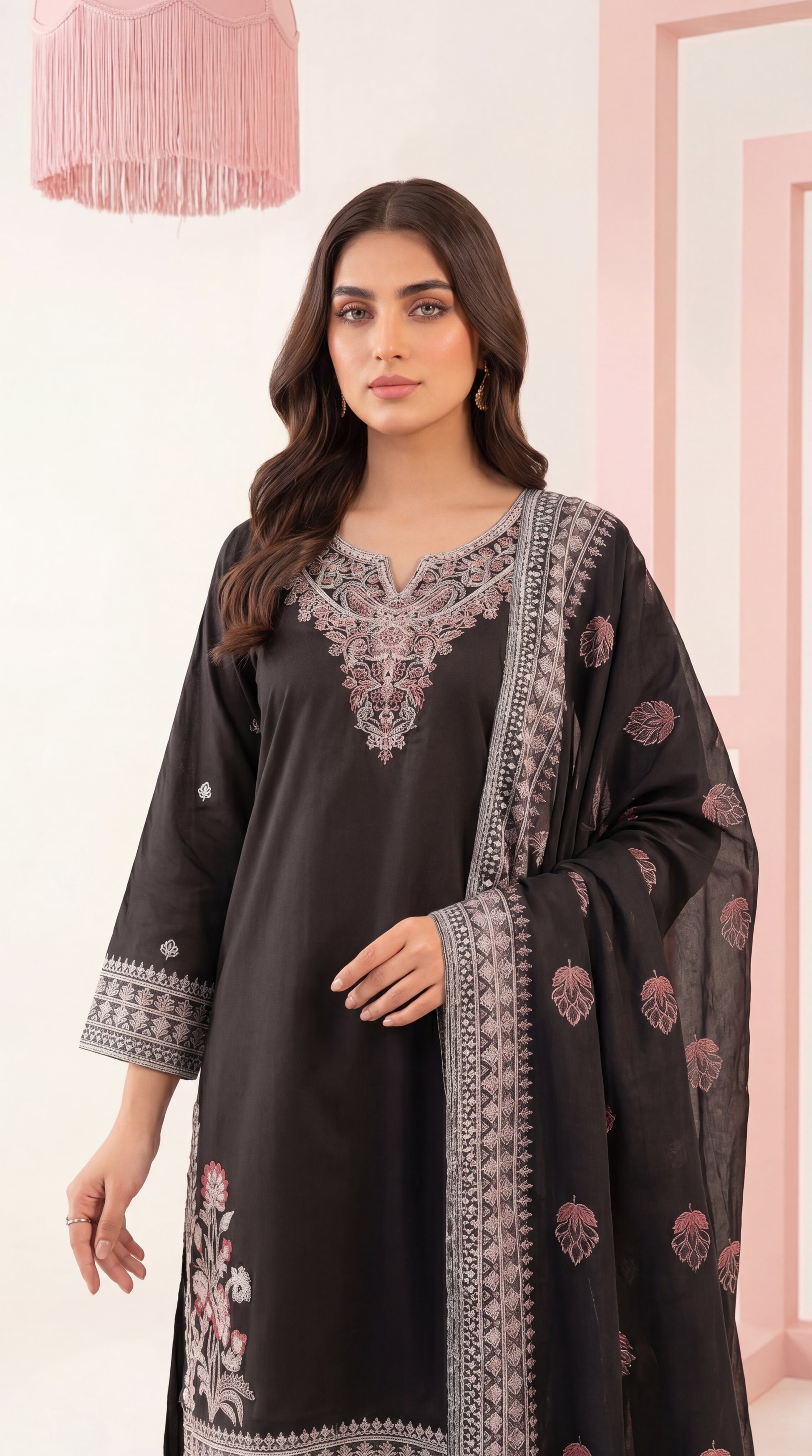 3PC Suit PL01202 Black Embroidered Classic Ensemble BLACK / SML