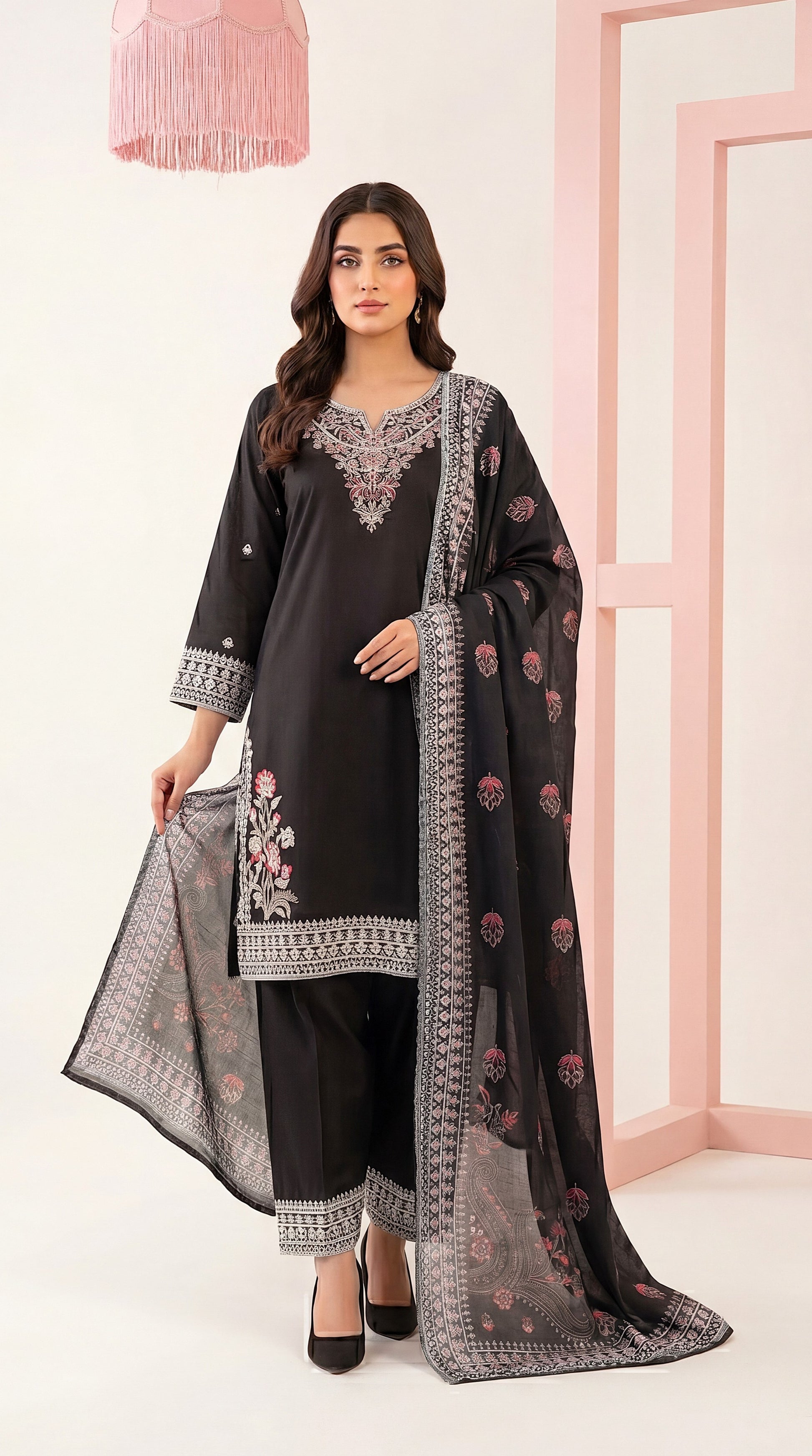 3PC Suit PL01202 Black Embroidered Classic Ensemble BLACK / SML