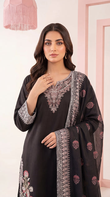 3PC Suit PL01202 Black Embroidered Classic Ensemble BLACK / SML