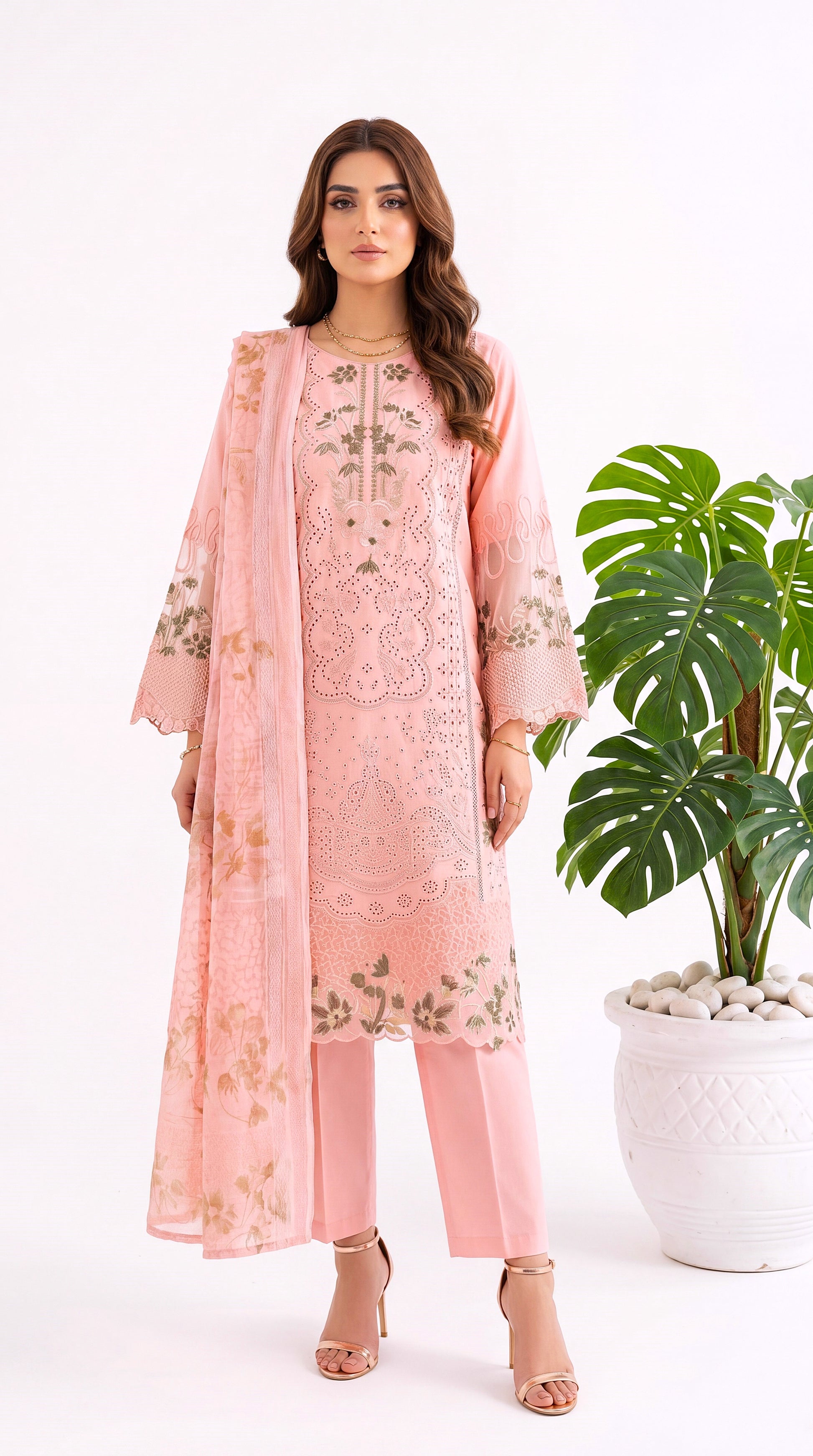 3PC Suit PL01203  Peach Schiffli Embroidered Floral PINK / SML