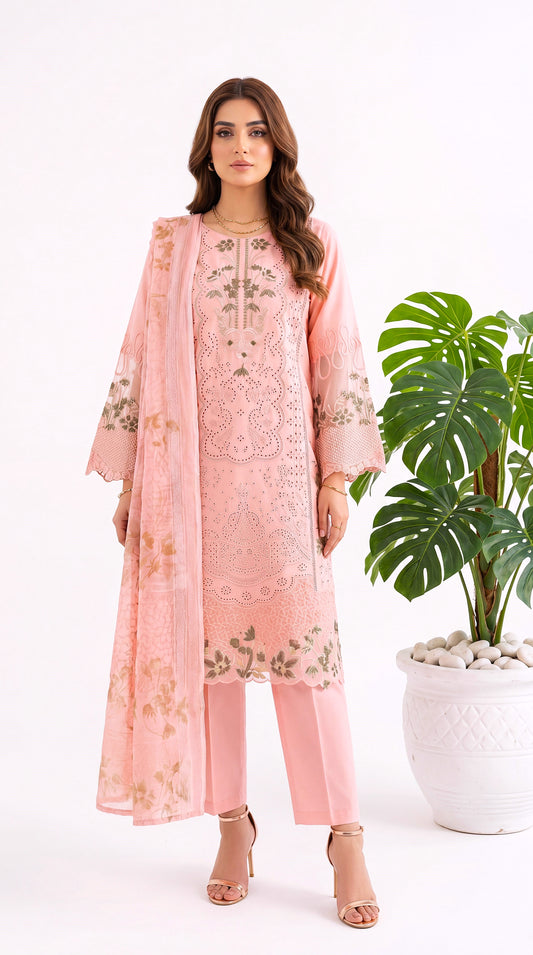 3PC Suit PL01203  Peach Schiffli Embroidered Floral PINK / SML