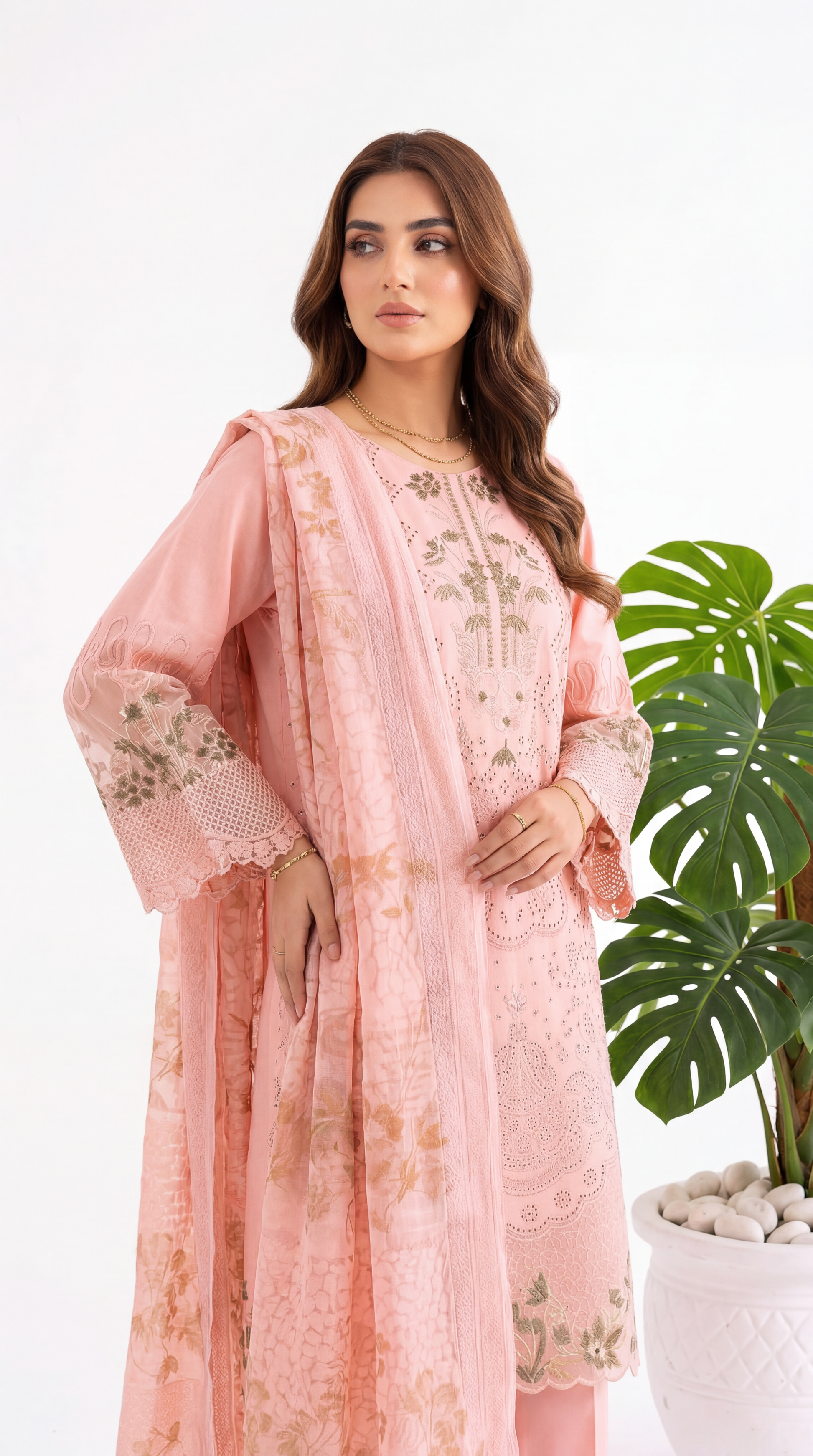 3PC Suit PL01203  Peach Schiffli Embroidered Floral PINK / SML