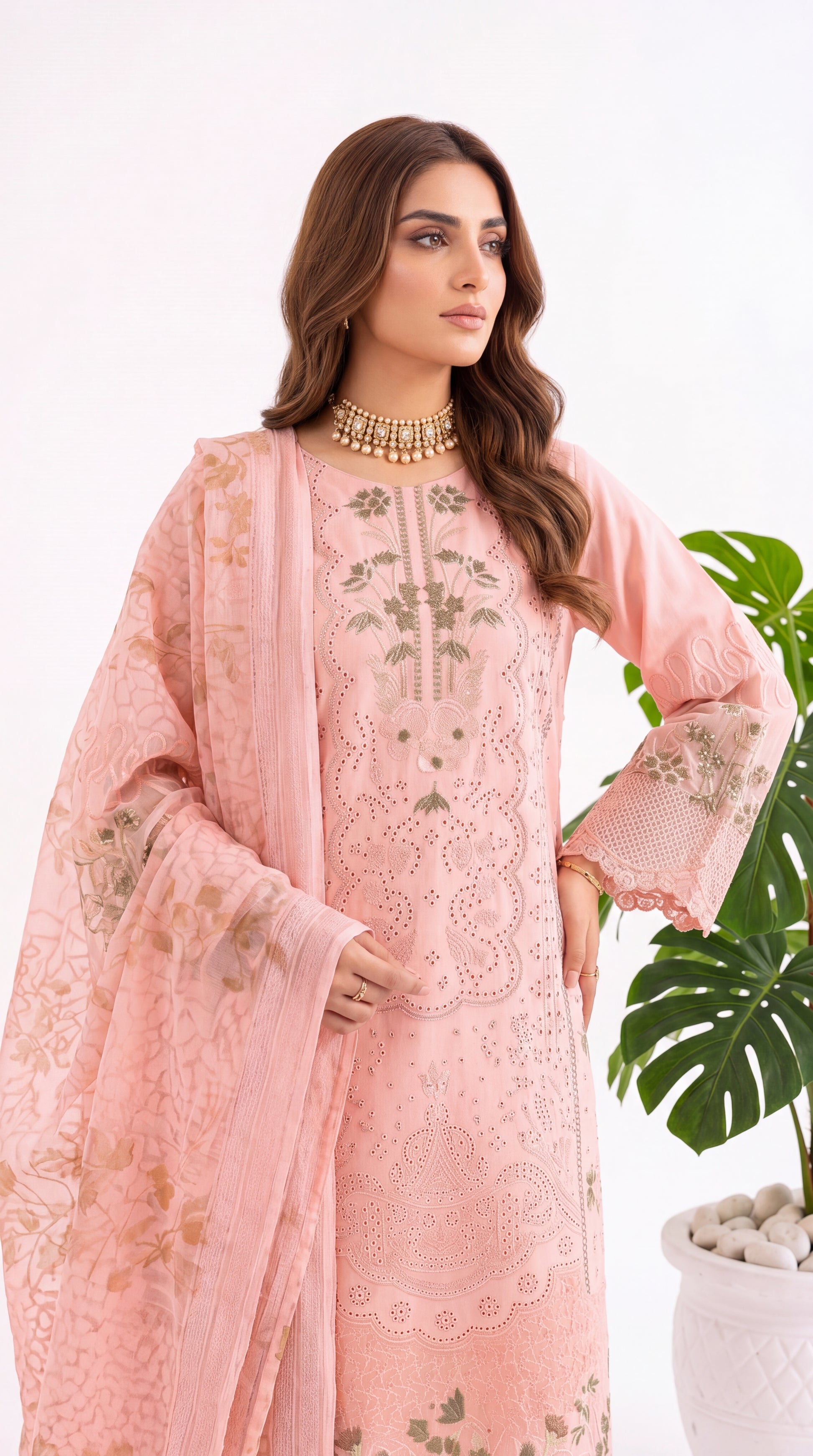3PC Suit PL01203  Peach Schiffli Embroidered Floral PINK / SML