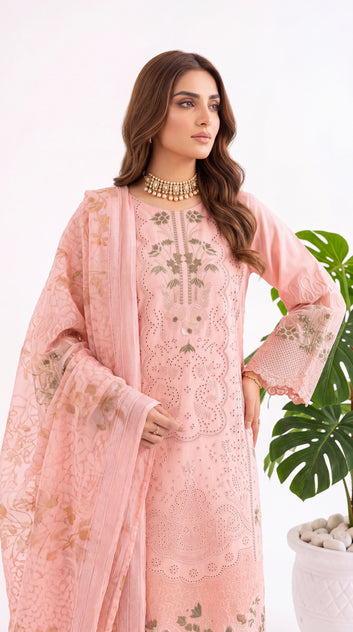 3PC Suit PL01203  Peach Schiffli Embroidered Floral PINK / SML