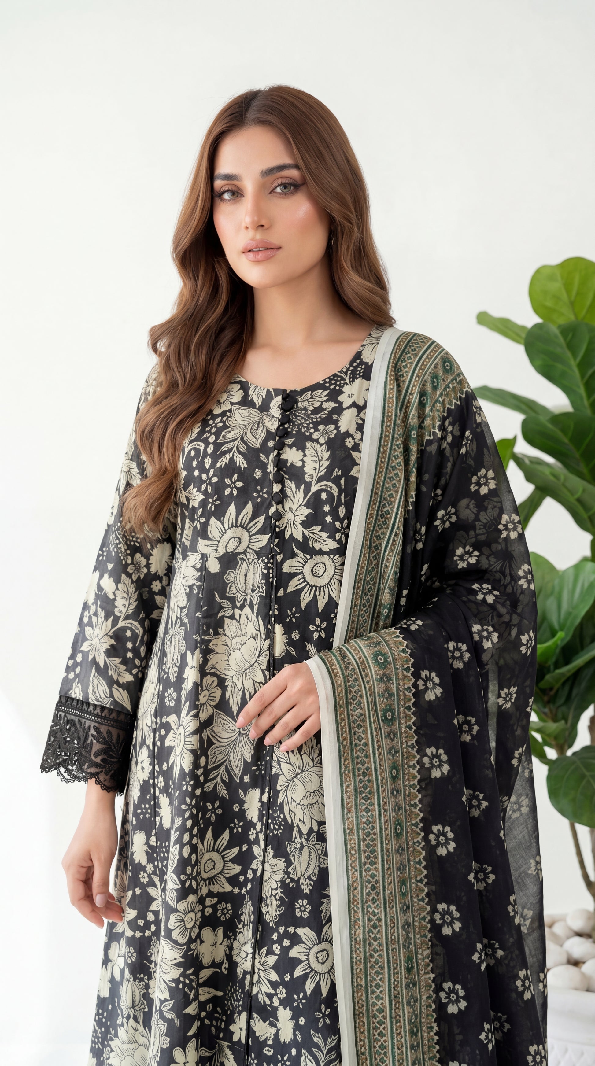 3PC Suit PL01204  Monochrome Floral Printed Co-Ord BLACK / SML