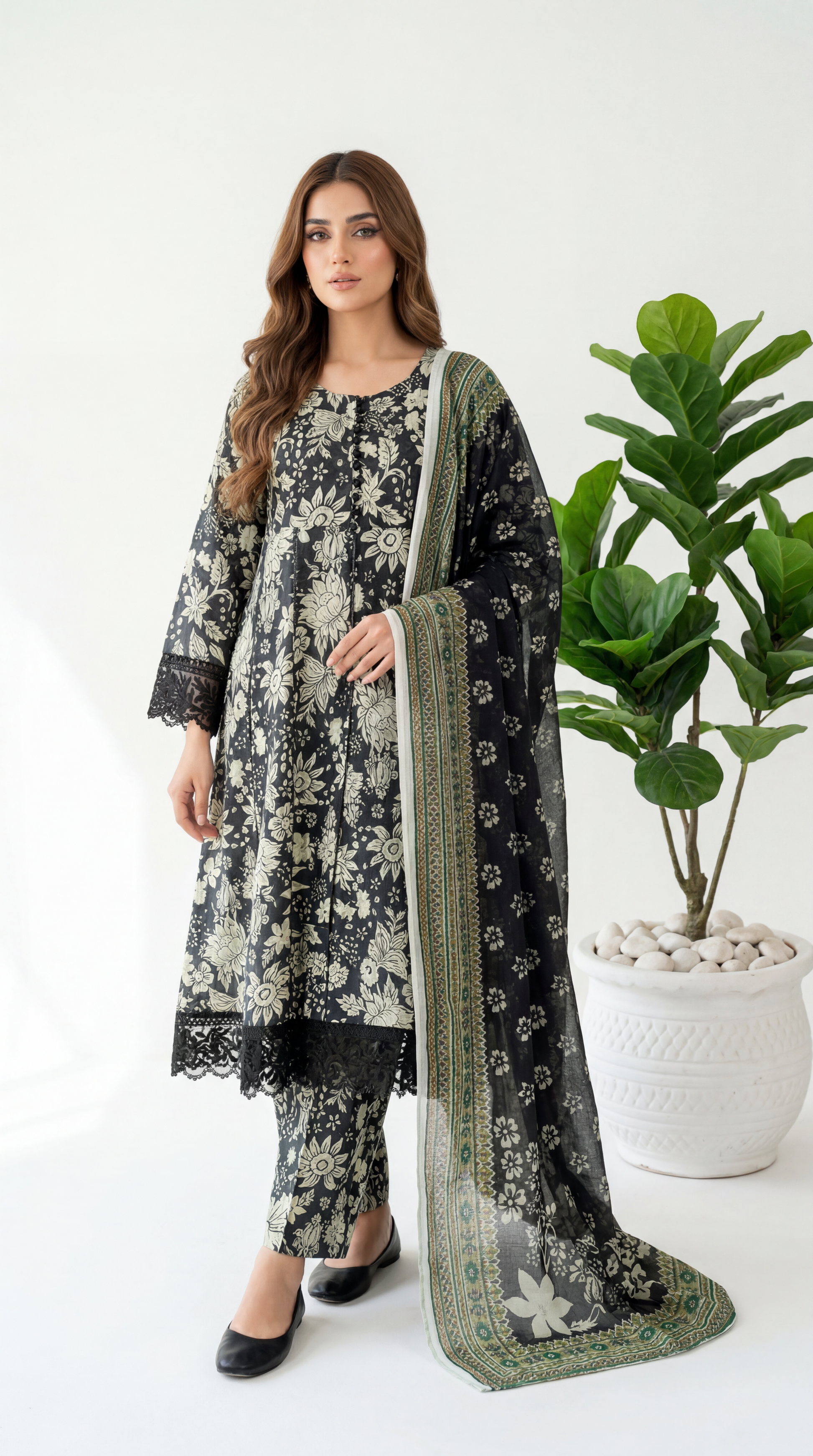3PC Suit PL01204  Monochrome Floral Printed Co-Ord BLACK / SML