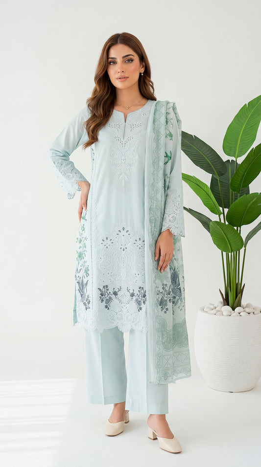 3PC Suit PL01205  Embroidered Elegance SKY BLUE / SML