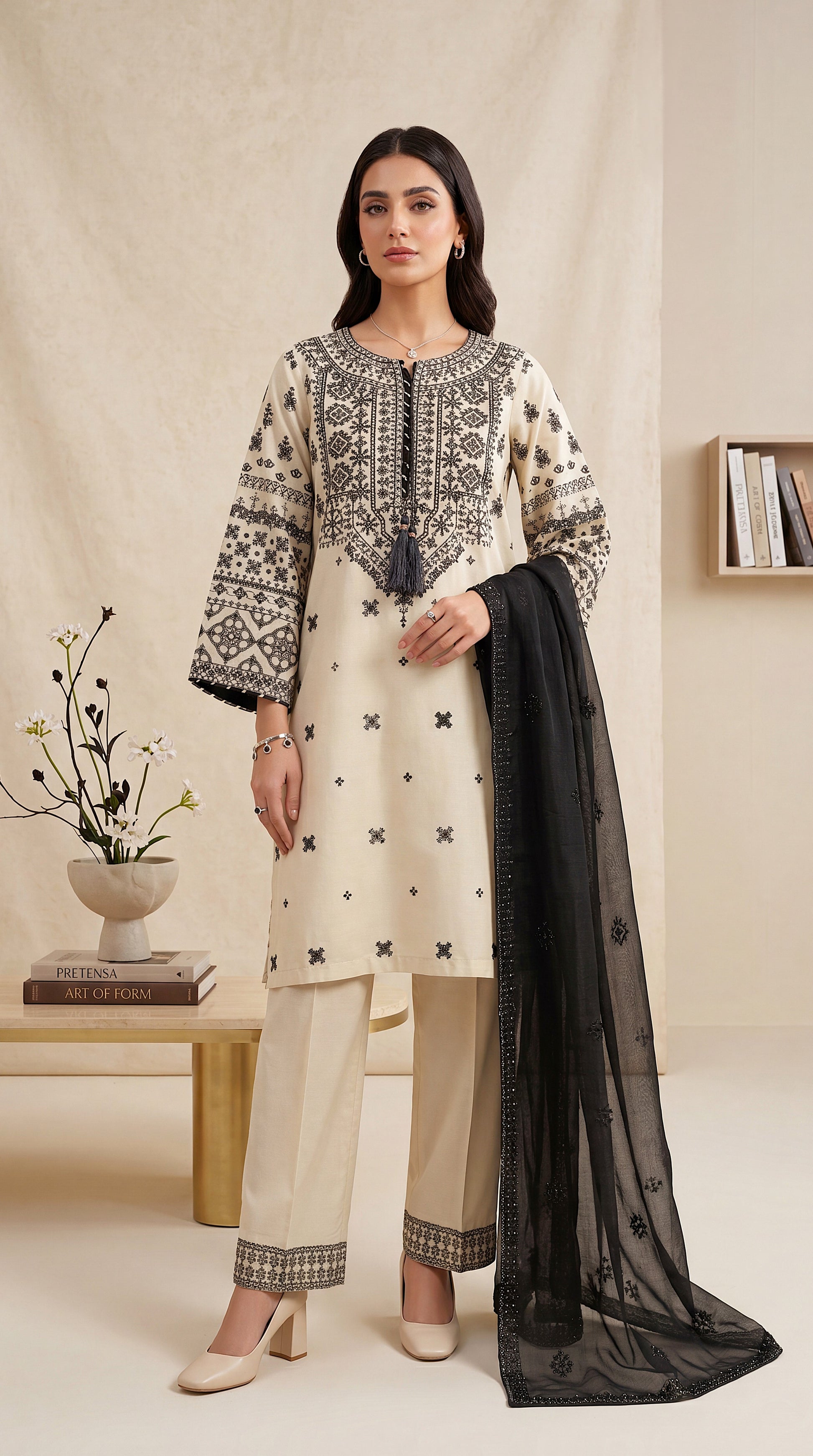 Women's Ivory Black Suit PL01206 | Ethnic Embroidery & Sheer Black Dupatta | 3 Piece | Cotton Lawn BAGE / SML
