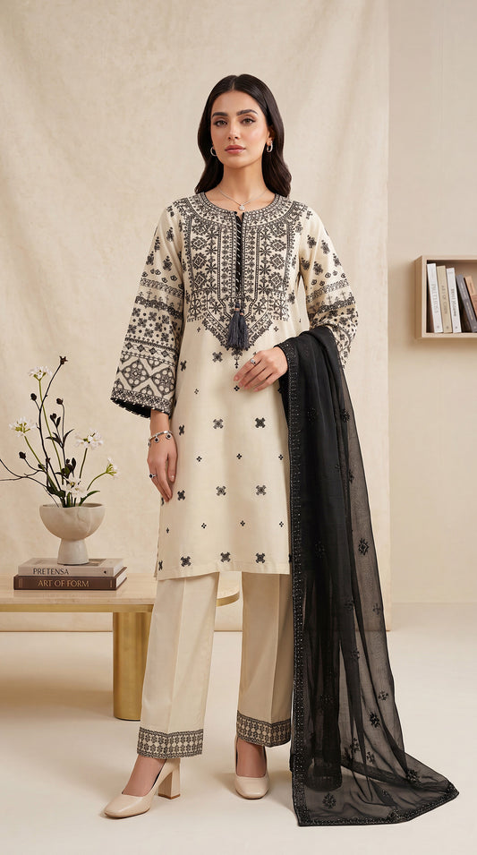 Women's Ivory Black Suit PL01206 | Ethnic Embroidery & Sheer Black Dupatta | 3 Piece | Cotton Lawn BAGE / SML