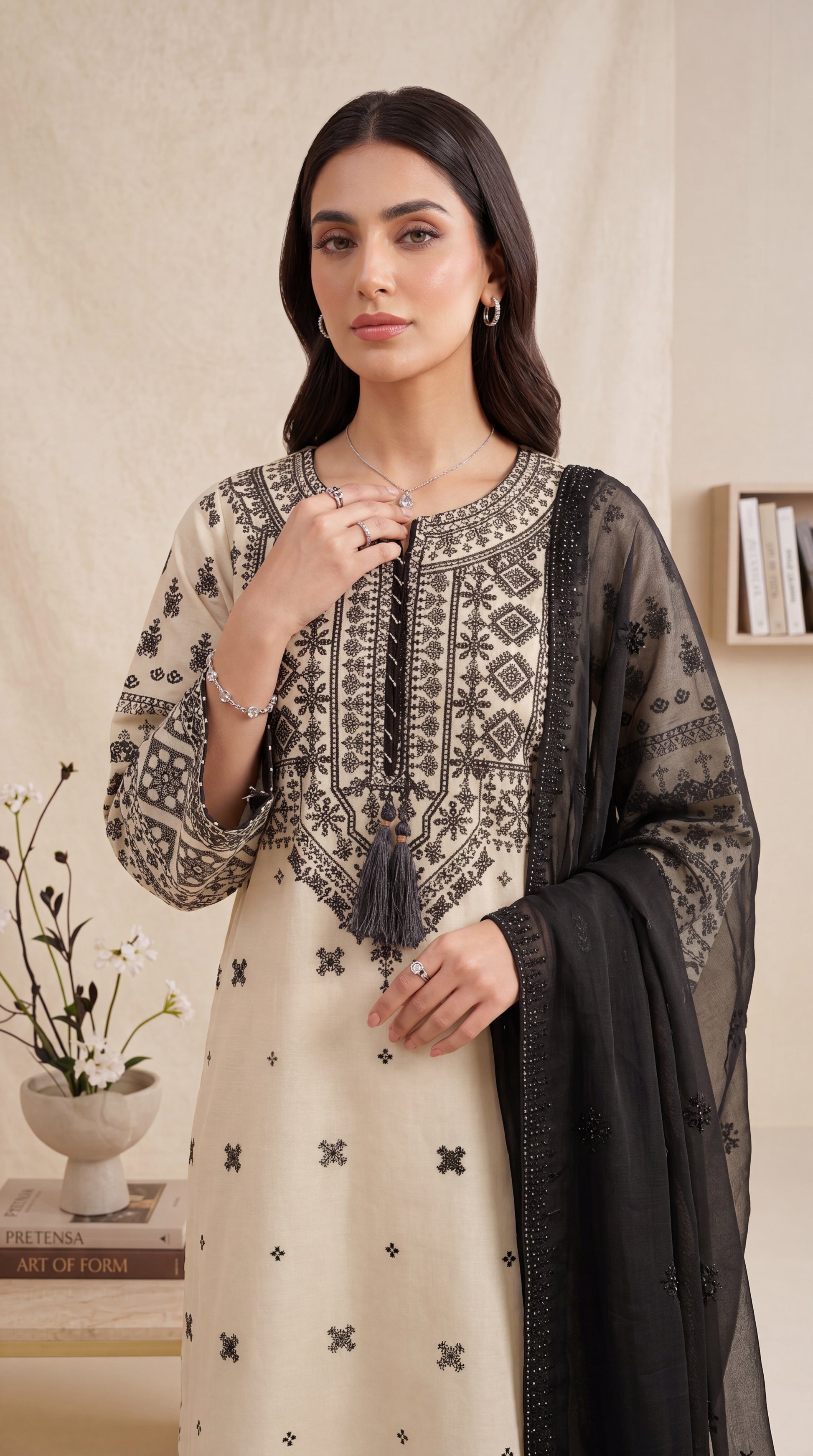 Women's Ivory Black Suit PL01206 | Ethnic Embroidery & Sheer Black Dupatta | 3 Piece | Cotton Lawn BAGE / SML