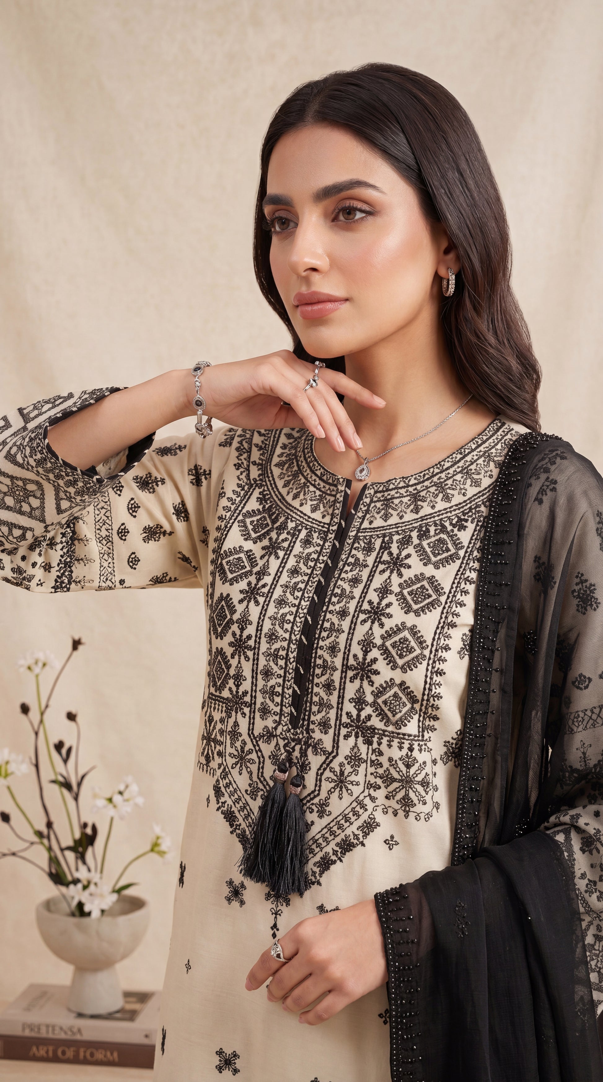 Women's Ivory Black Suit PL01206 | Ethnic Embroidery & Sheer Black Dupatta | 3 Piece | Cotton Lawn BAGE / SML