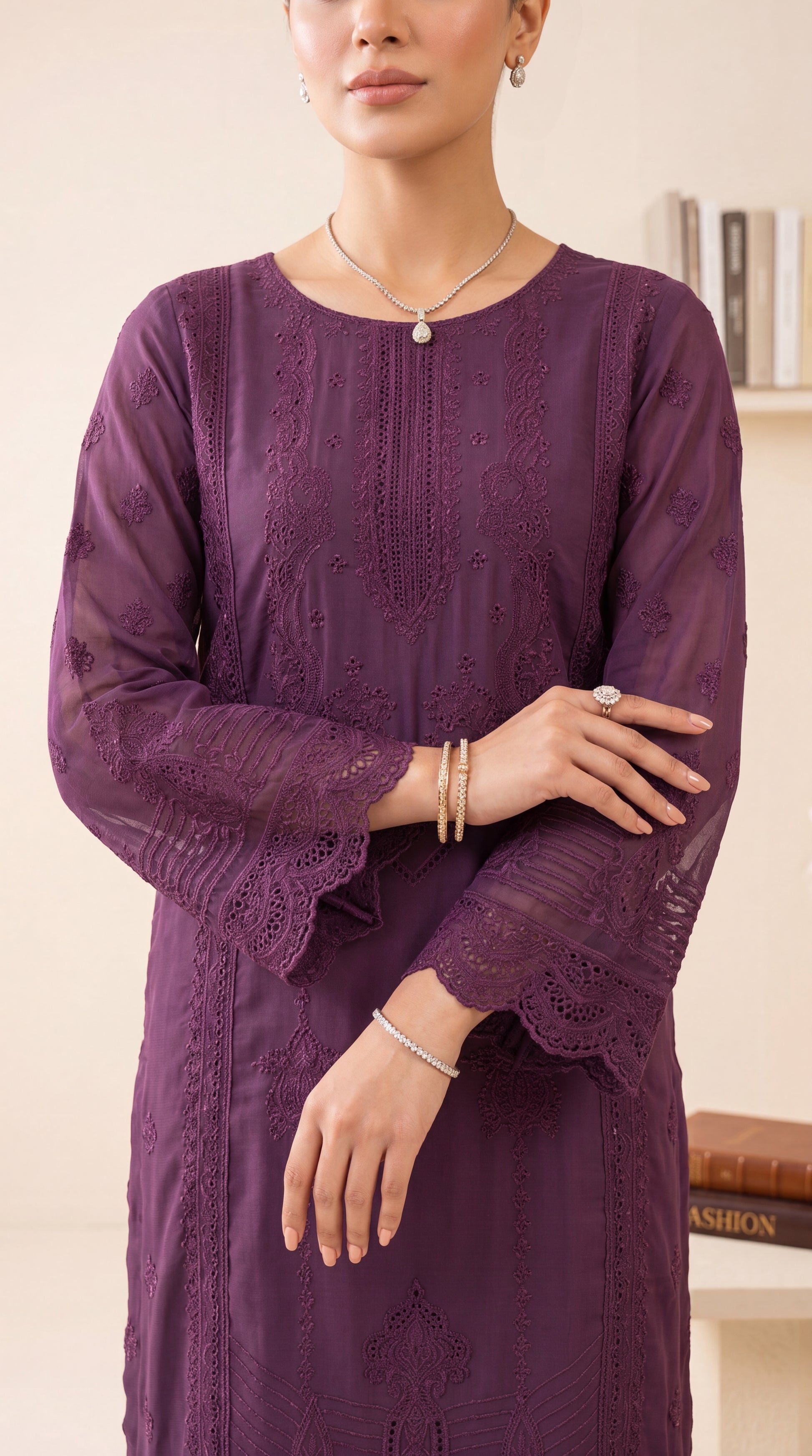 Women's Plum Embroidered Suit PL01207 | Tonal Threadwork & Net Dupatta | 3 Piece | Lawn Net PURPLE / SML