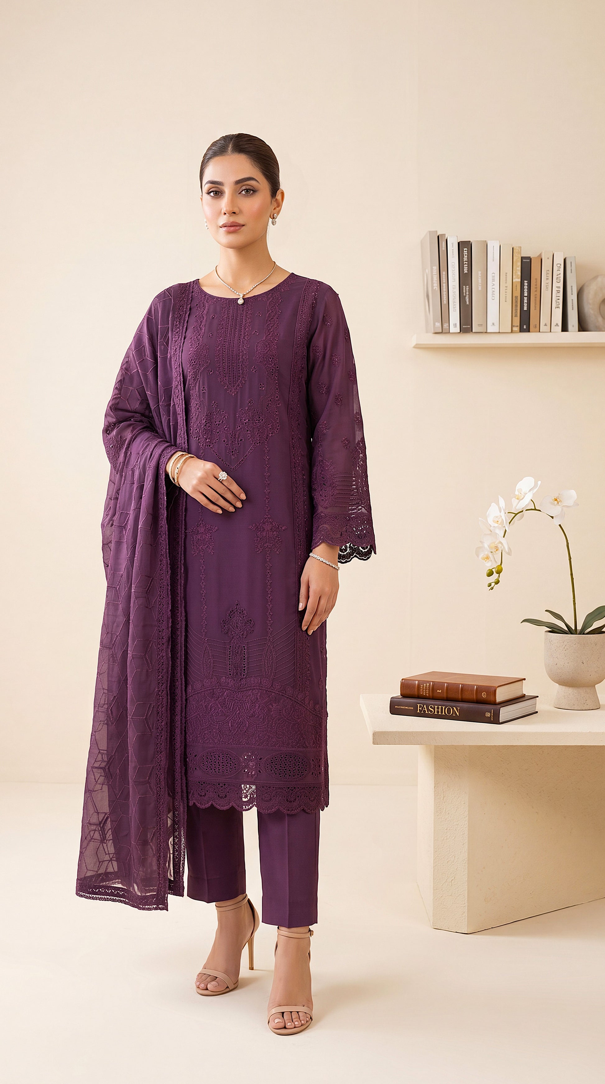 Women's Plum Embroidered Suit PL01207 | Tonal Threadwork & Net Dupatta | 3 Piece | Lawn Net PURPLE / SML