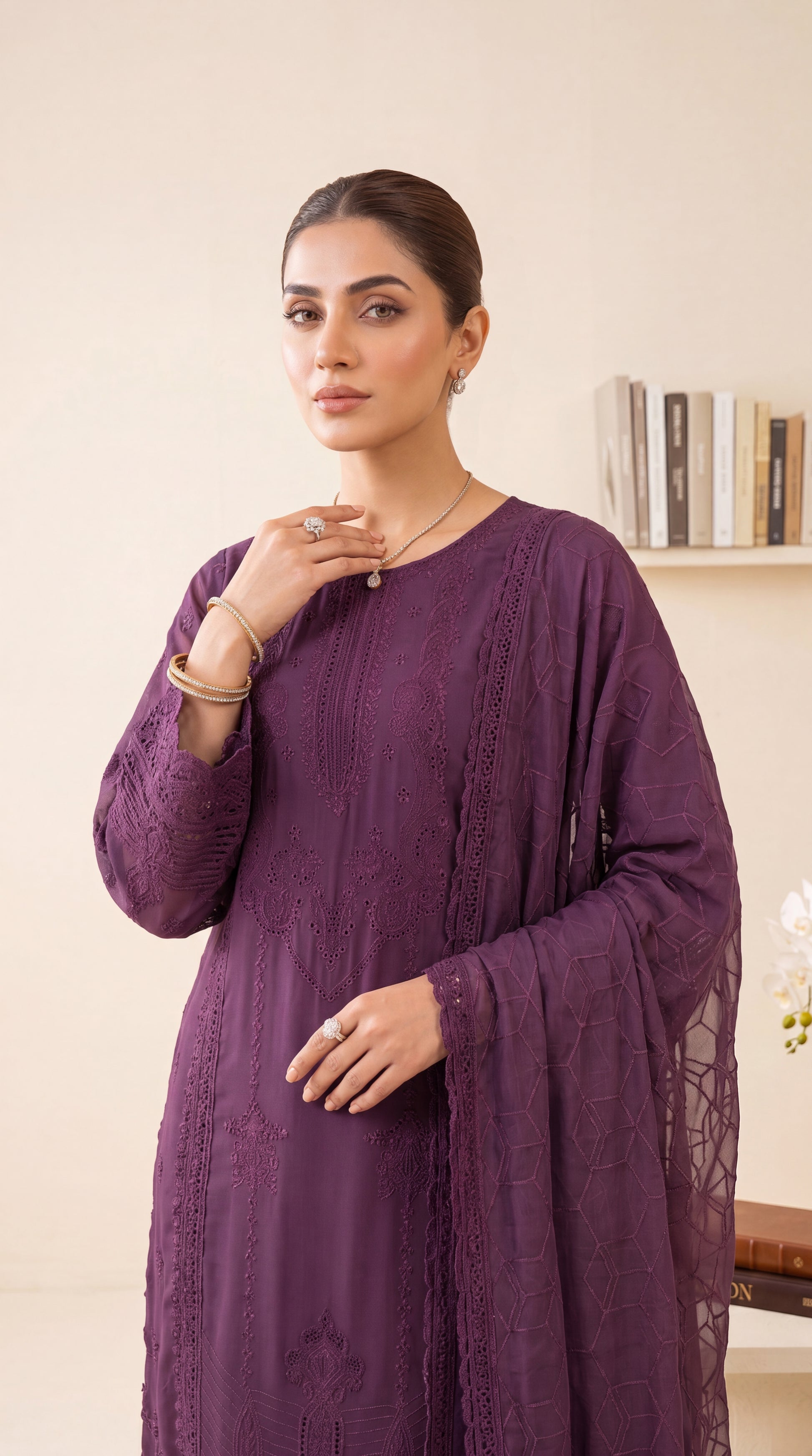 Women's Plum Embroidered Suit PL01207 | Tonal Threadwork & Net Dupatta | 3 Piece | Lawn Net PURPLE / SML