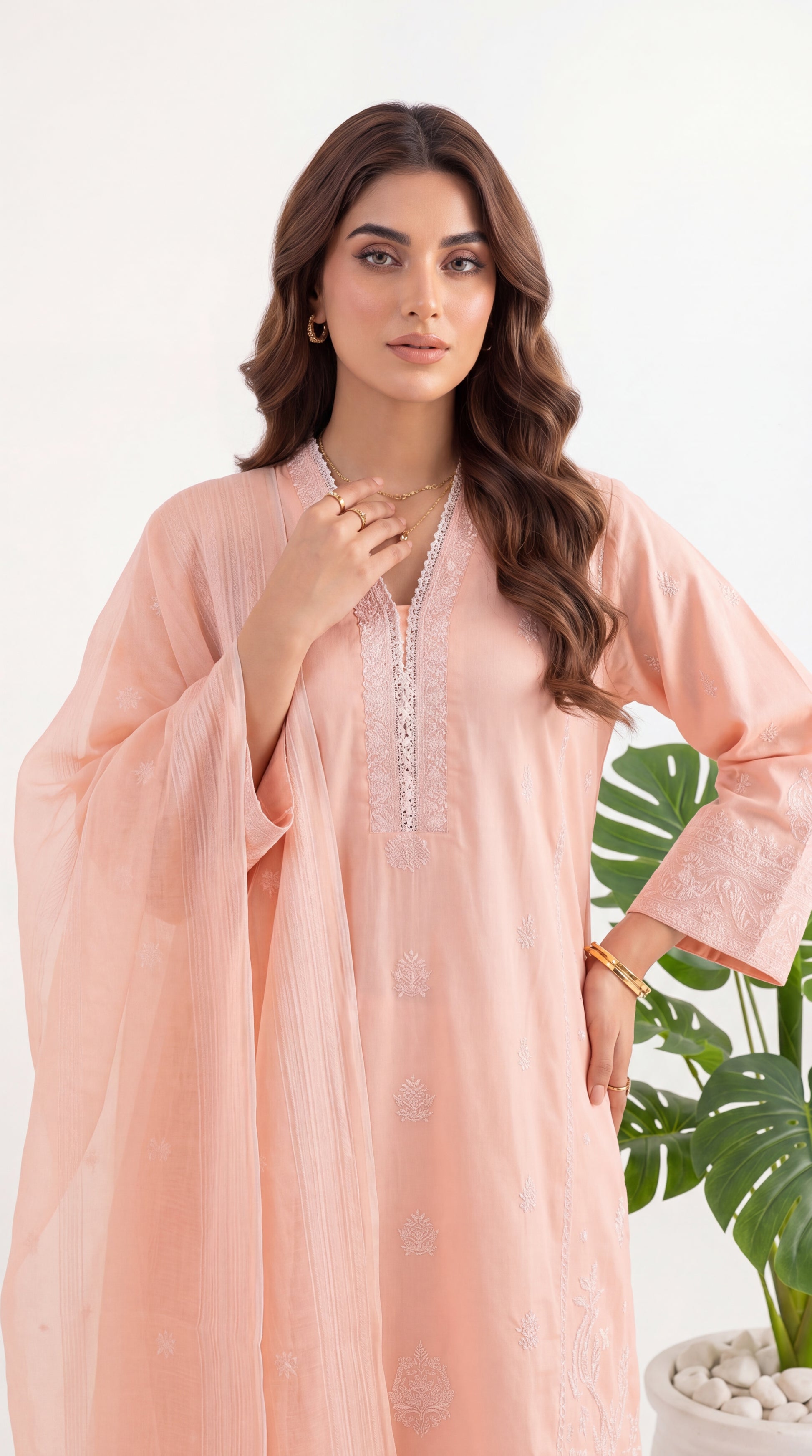 3PC Suit  PL01208 Embroidered Minimal Luxe PINK / SML