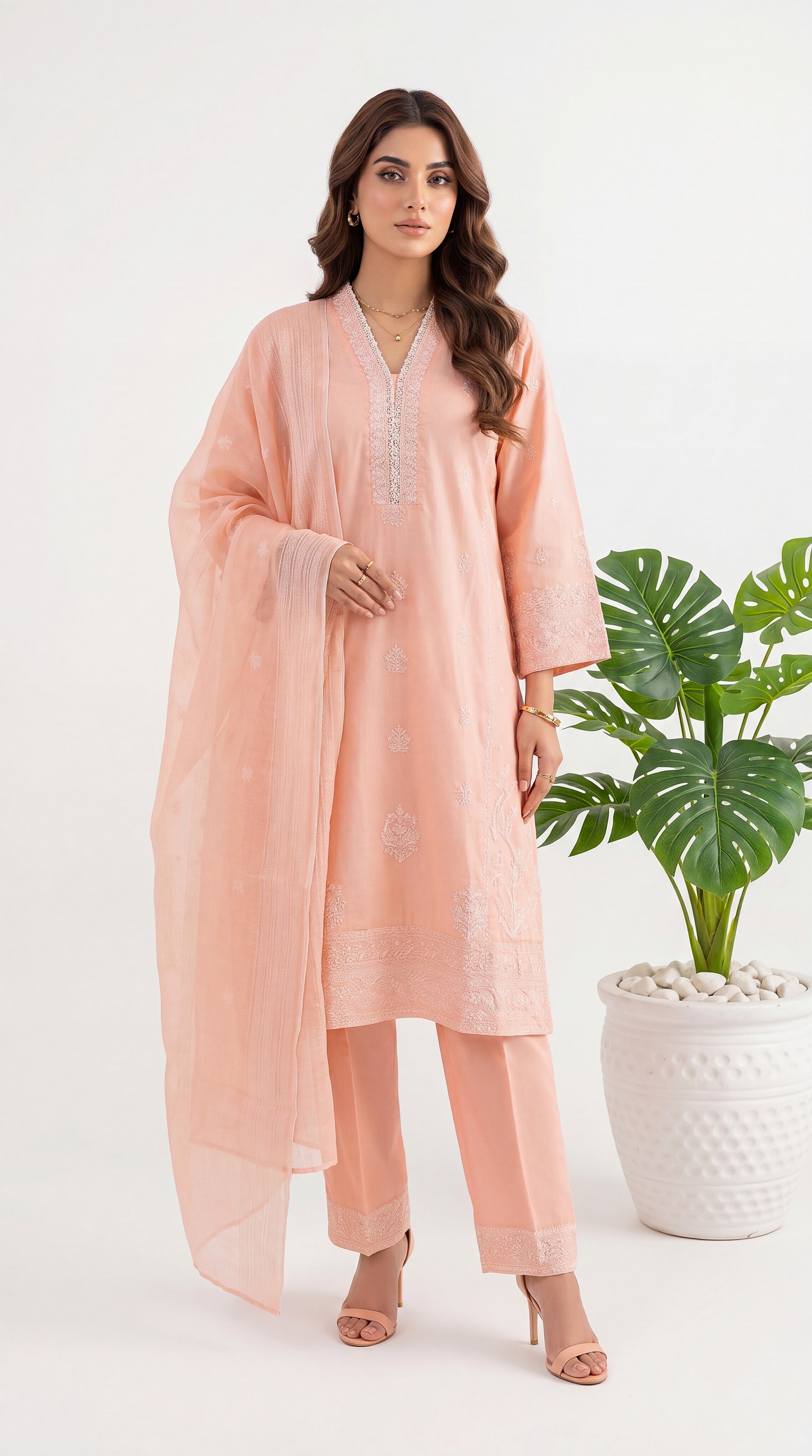 3PC Suit  PL01208 Embroidered Minimal Luxe PINK / SML