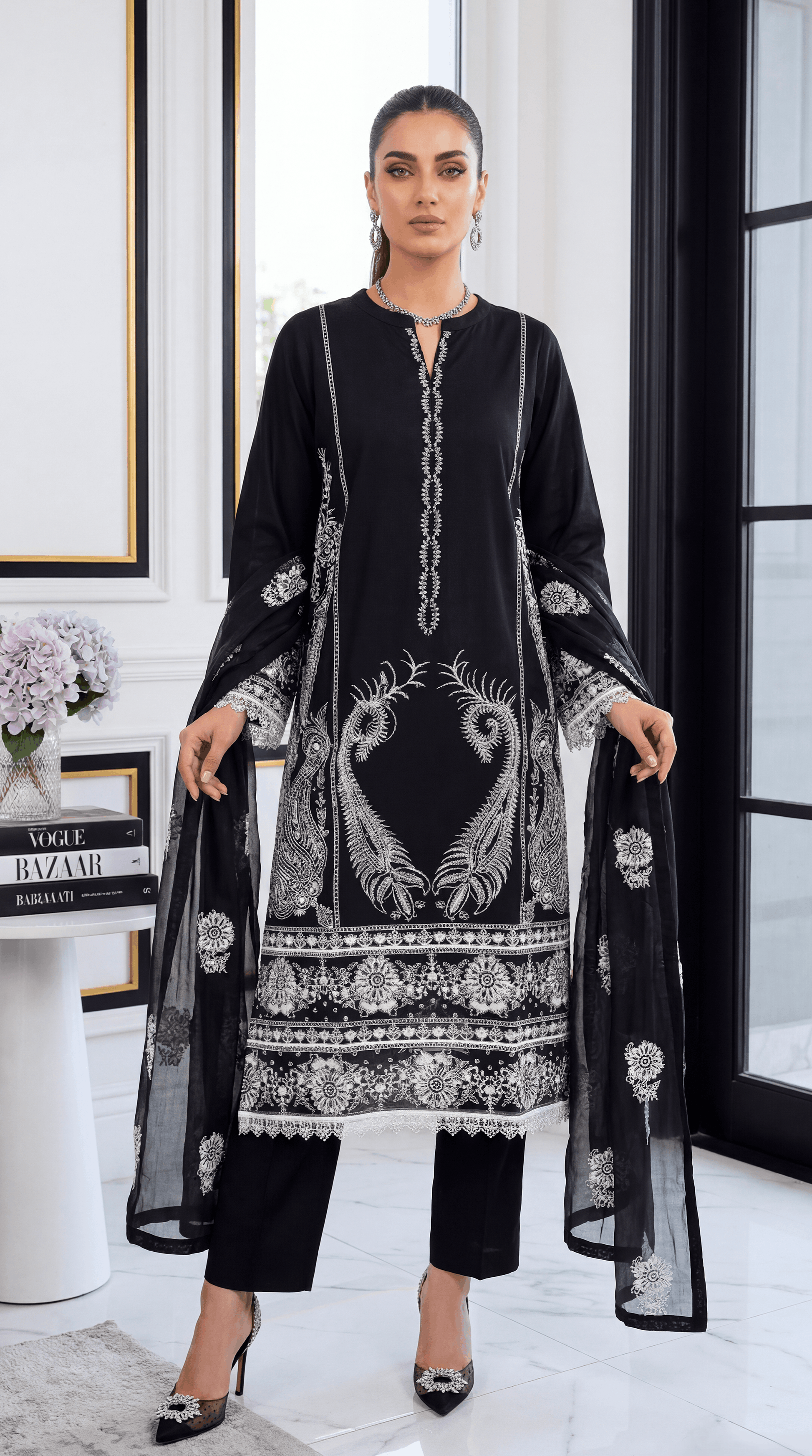 3 Piece Lawan Suit | PL01233 | Monochrome Embroidered Floral Kurta with Printed Dupatta | Lawan BLACK / SML