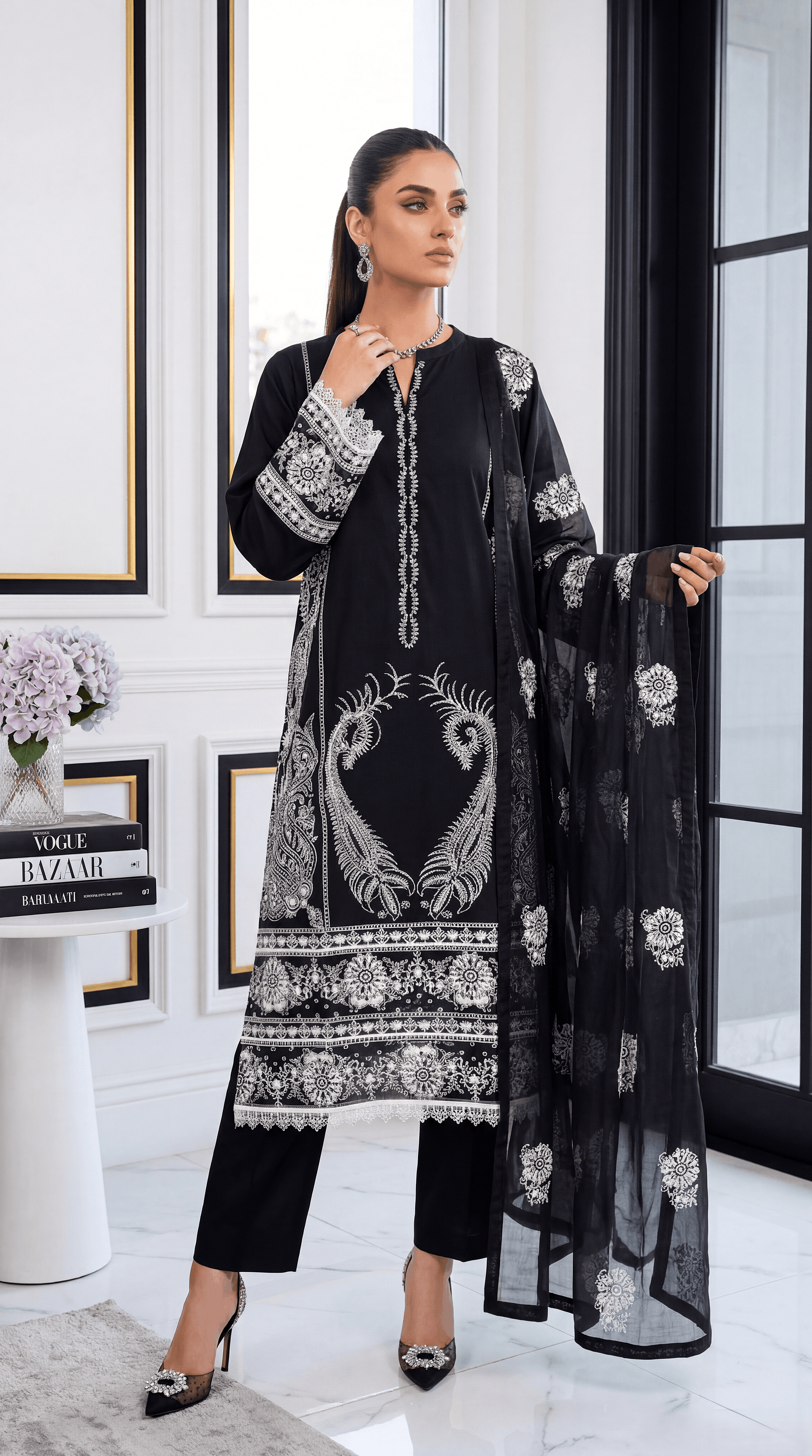 3 Piece Lawan Suit | PL01233 | Monochrome Embroidered Floral Kurta with Printed Dupatta | Lawan BLACK / SML