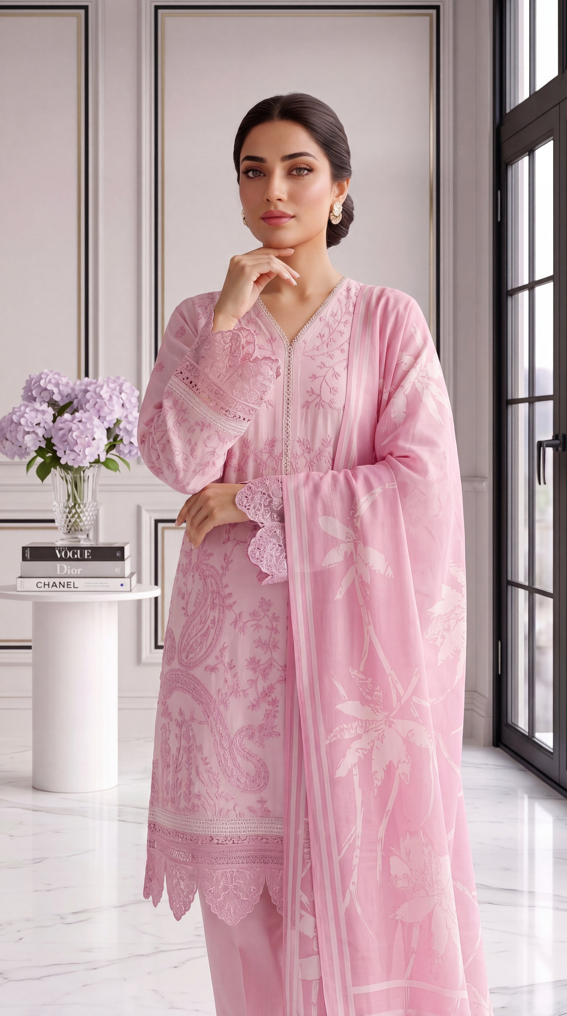 3 Piece Lawan Suit | PL01234 | Pastel Pink Embroidered Kurta with Floral Dupatta | Lawan PINK / SML