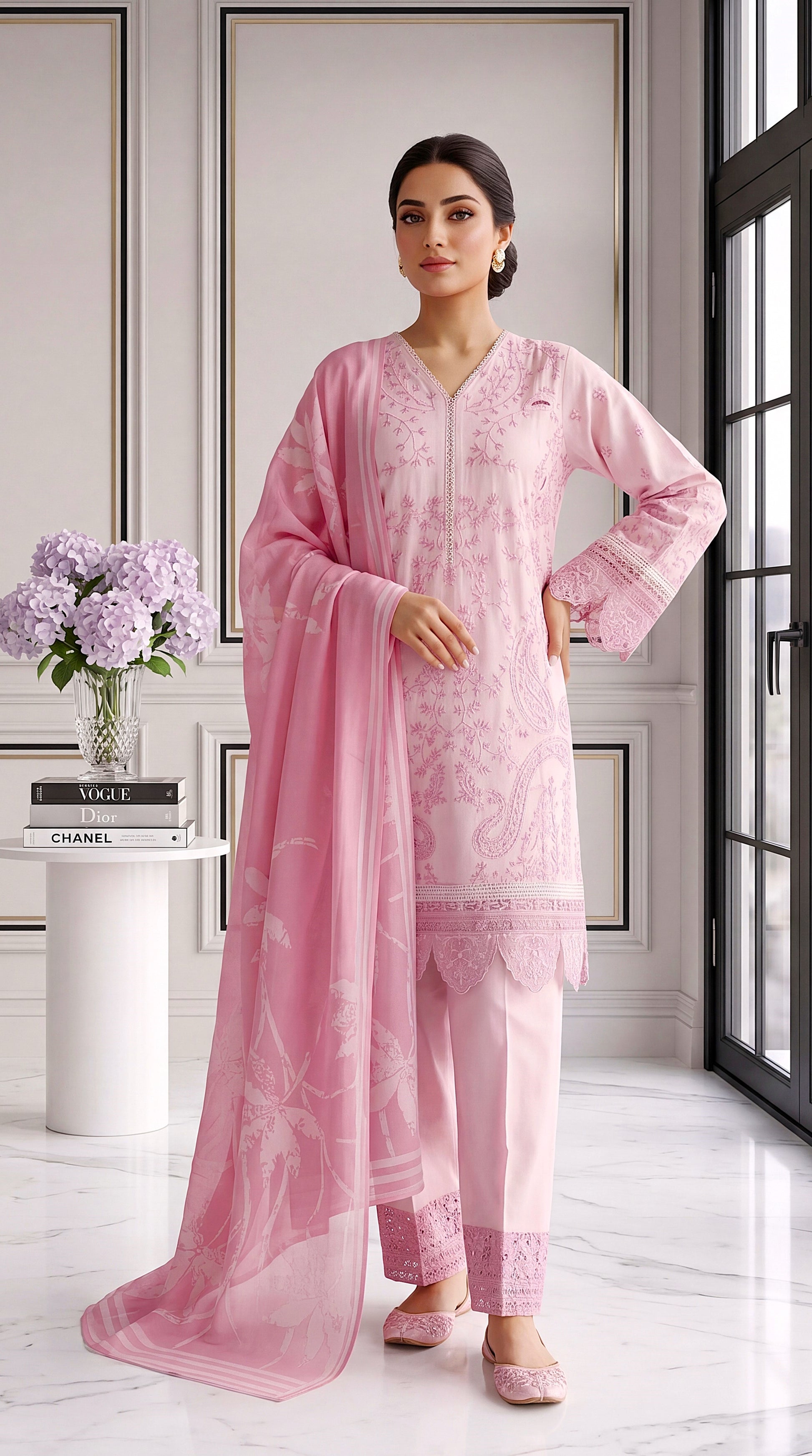 3 Piece Lawan Suit | PL01234 | Pastel Pink Embroidered Kurta with Floral Dupatta | Lawan PINK / SML