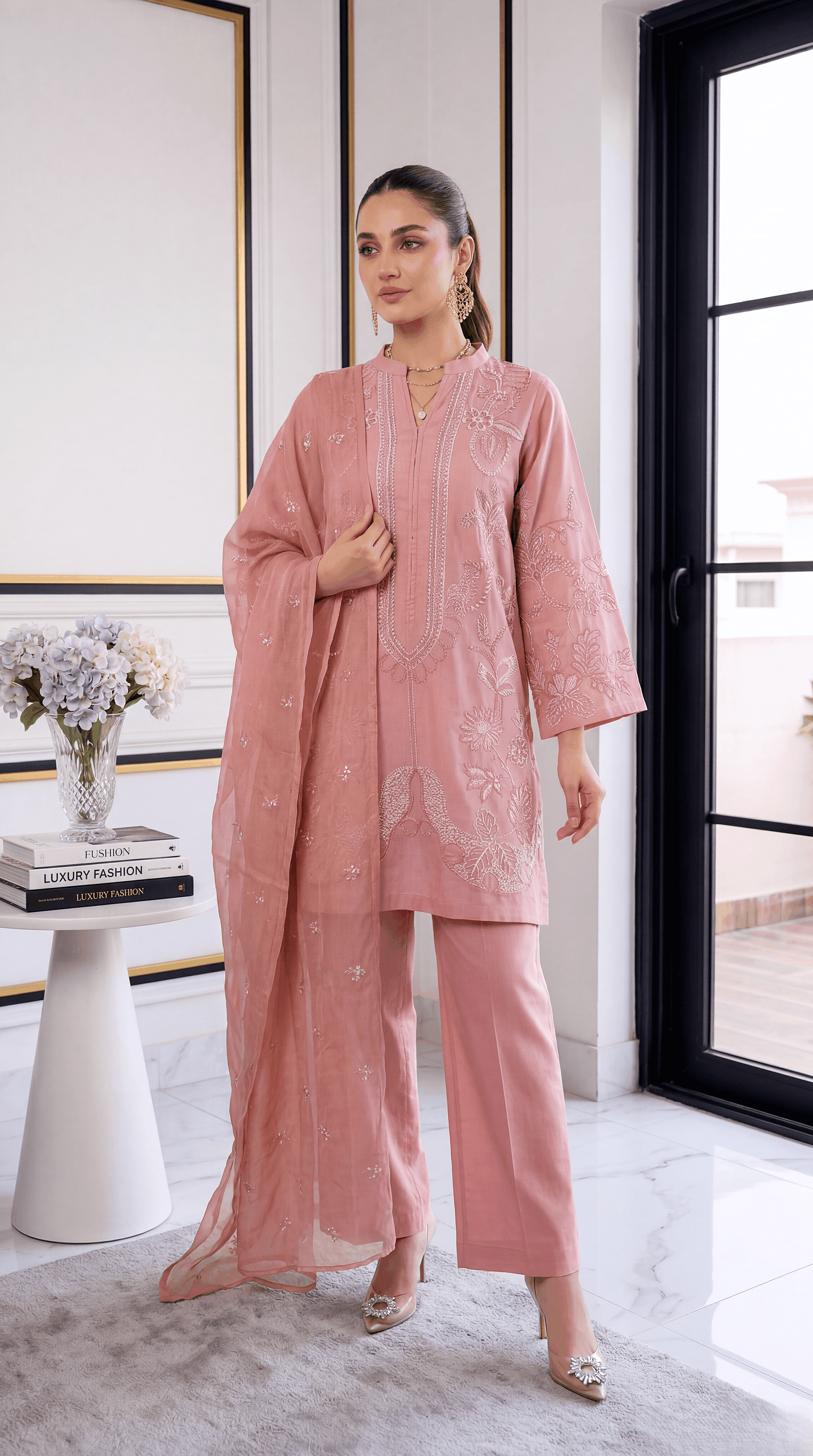 3 Piece Lawan Suit | PL01235 | Dusty Pink Embroidered Floral Kurta with Organza Style Dupatta | Lawan PINK / SML