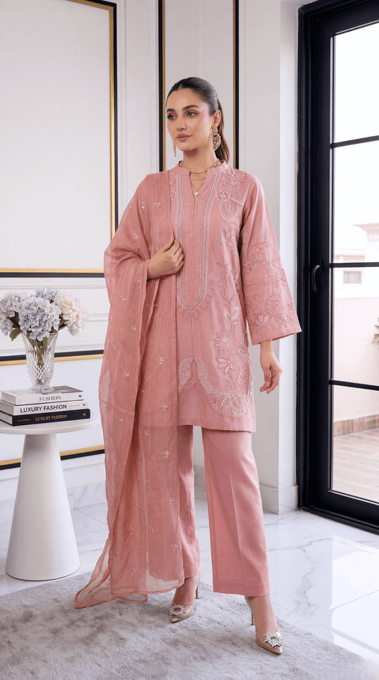 3 Piece Lawan Suit | PL01235 | Dusty Pink Embroidered Floral Kurta with Organza Style Dupatta | Lawan PINK / SML