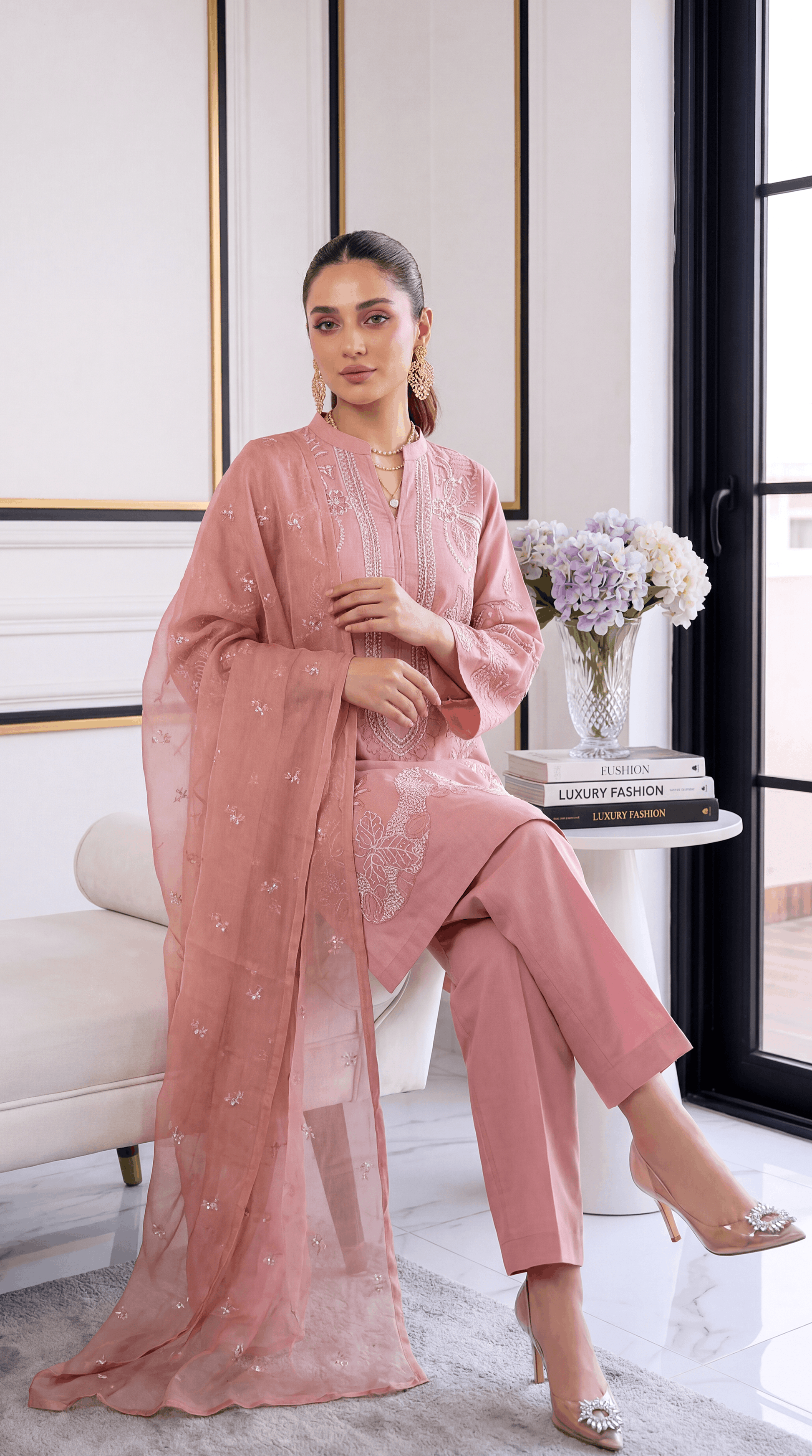 3 Piece Lawan Suit | PL01235 | Dusty Pink Embroidered Floral Kurta with Organza Style Dupatta | Lawan PINK / SML