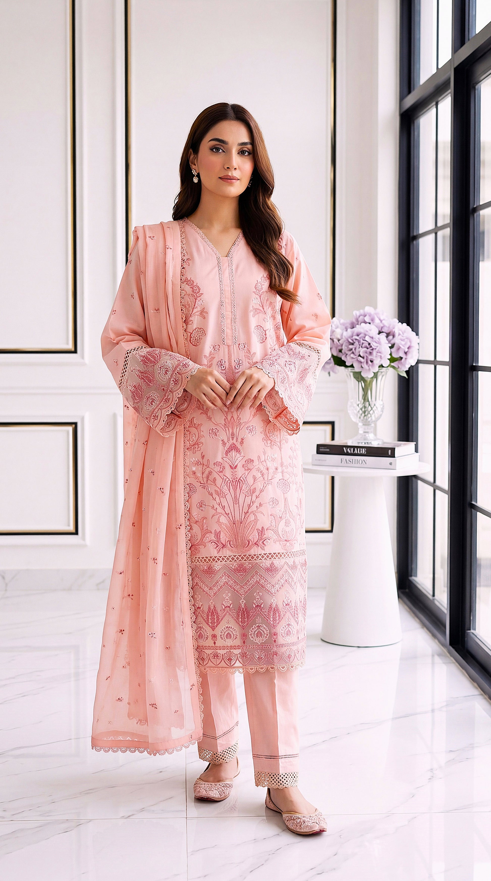 3 Piece Lawan Suit | PL01236 | Embroidered Kurta with Coordinated Dupatta & Trouser | Lawan PEACH / SML