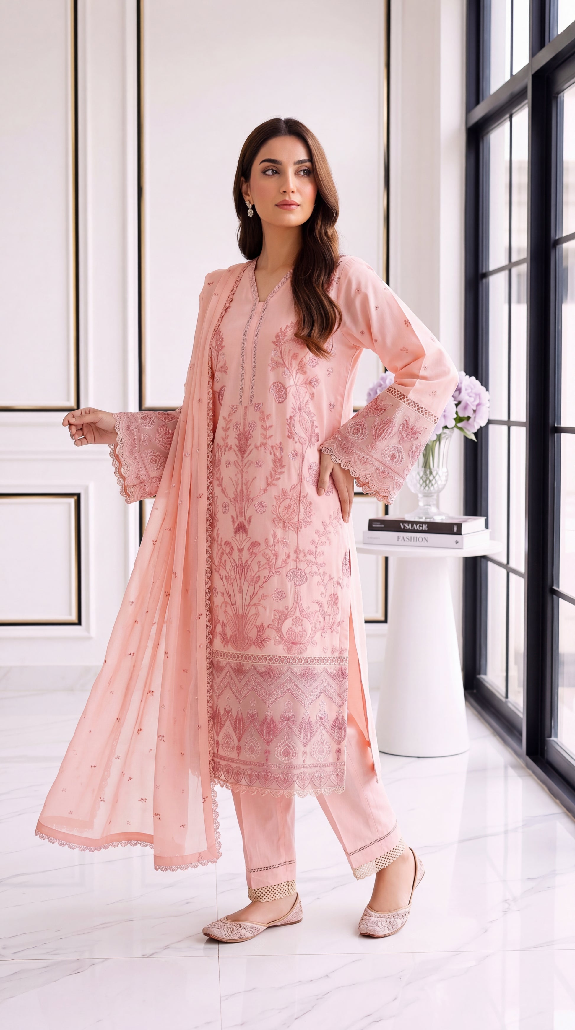 3 Piece Lawan Suit | PL01236 | Embroidered Kurta with Coordinated Dupatta & Trouser | Lawan PEACH / SML