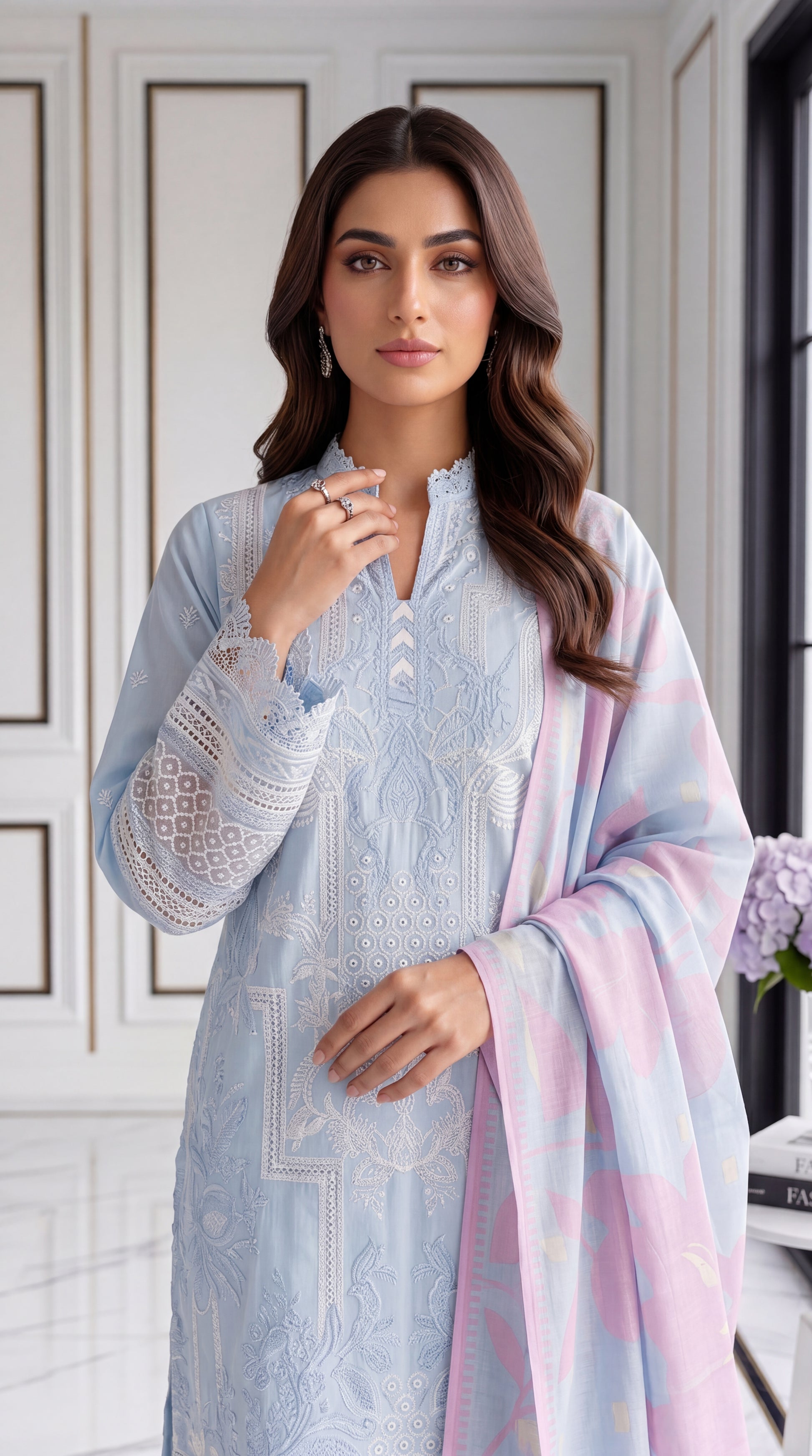 3 Piece Lawan Suit | PL01237 | Sky Blue Embroidered Kurta with Printed Floral Dupatta | Lawan SKY BLUE / SML
