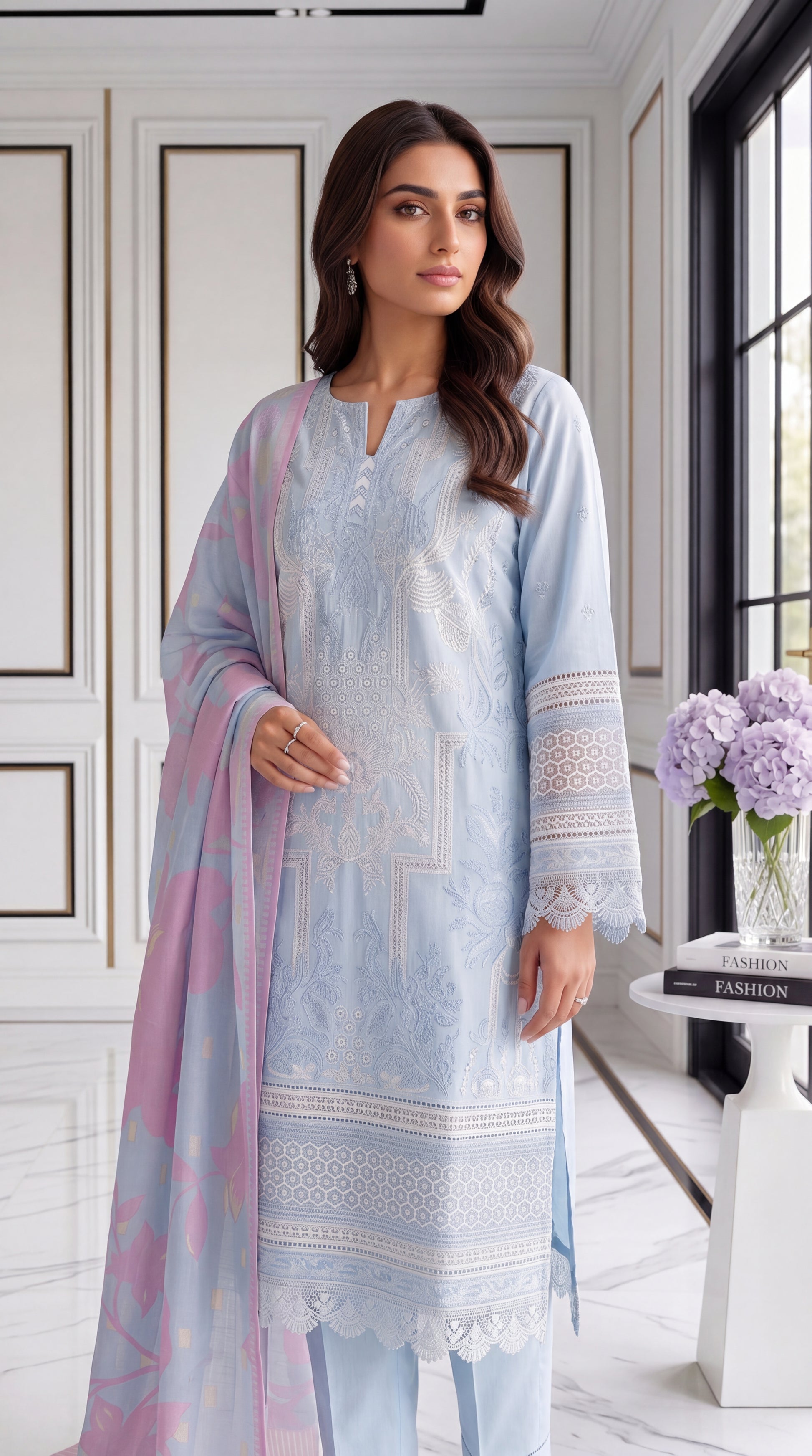 3 Piece Lawan Suit | PL01237 | Sky Blue Embroidered Kurta with Printed Floral Dupatta | Lawan SKY BLUE / SML