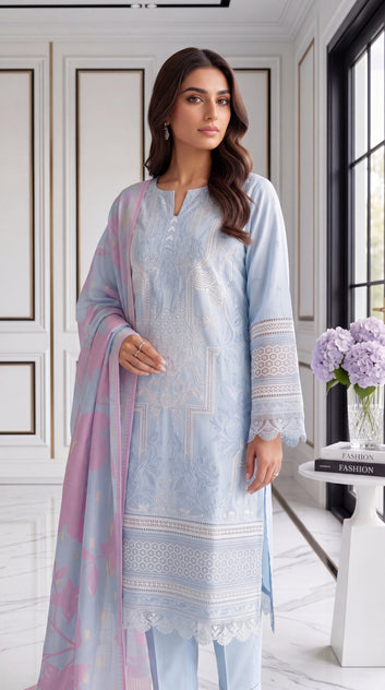 3 Piece Lawan Suit | PL01237 | Sky Blue Embroidered Kurta with Printed Floral Dupatta | Lawan SKY BLUE / SML
