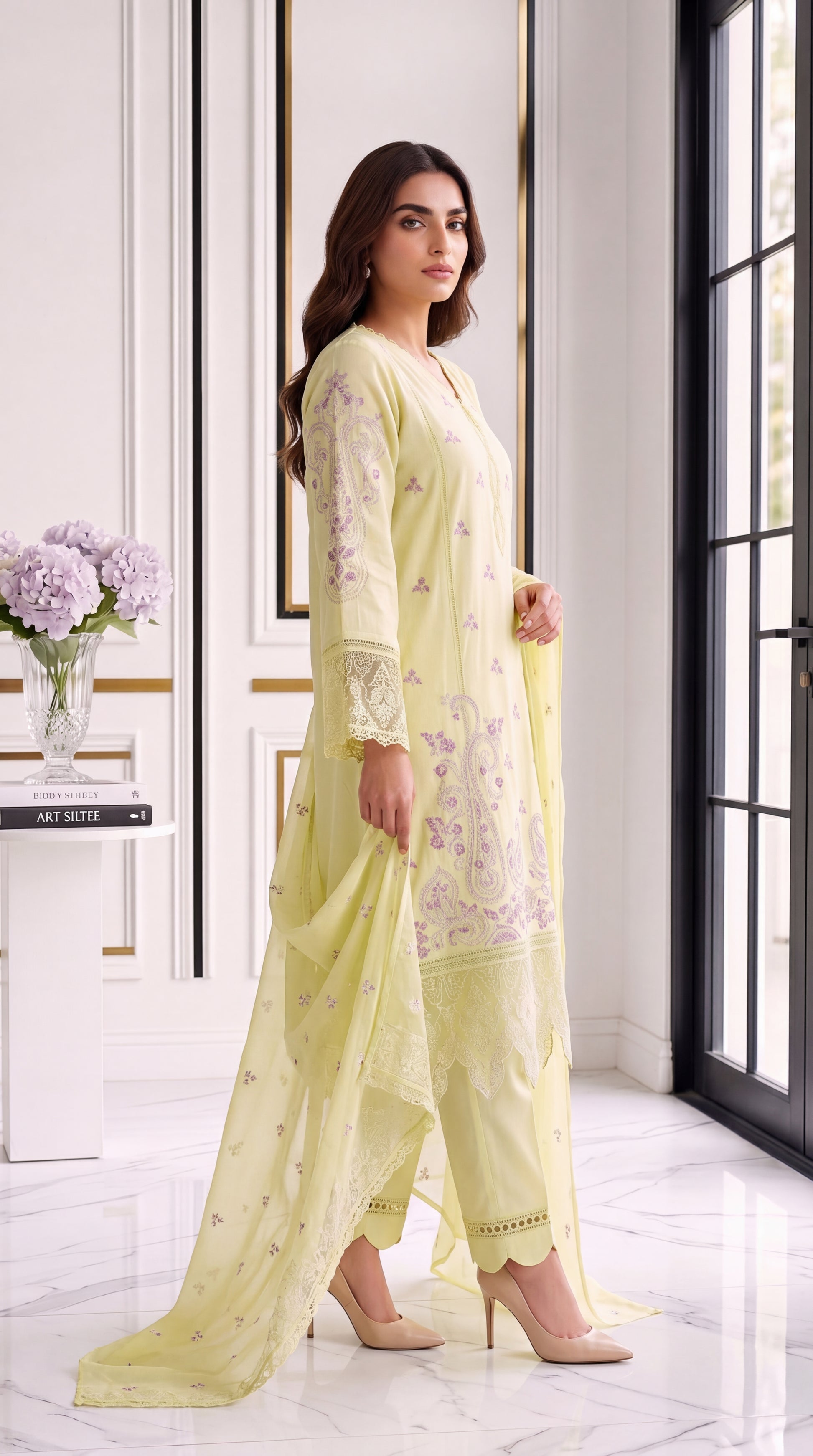 3 Piece Lawan Suit | PL01238 | Lemon Yellow Embroidered Floral Kurta with Matching Dupatta | Lawan YELLOW / SML