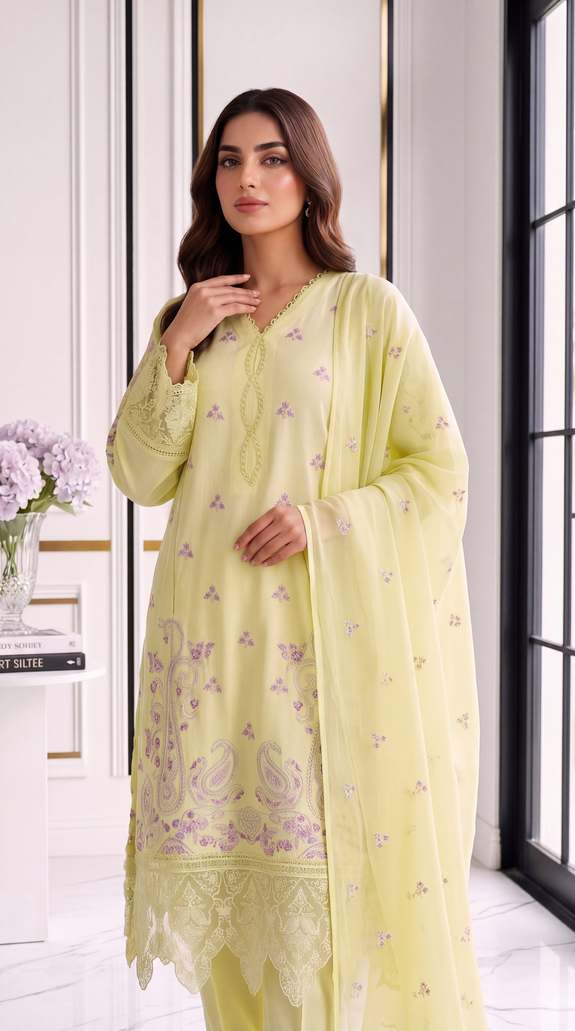 3 Piece Lawan Suit | PL01238 | Lemon Yellow Embroidered Floral Kurta with Matching Dupatta | Lawan YELLOW / SML