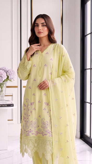 3 Piece Lawan Suit | PL01238 | Lemon Yellow Embroidered Floral Kurta with Matching Dupatta | Lawan YELLOW / SML