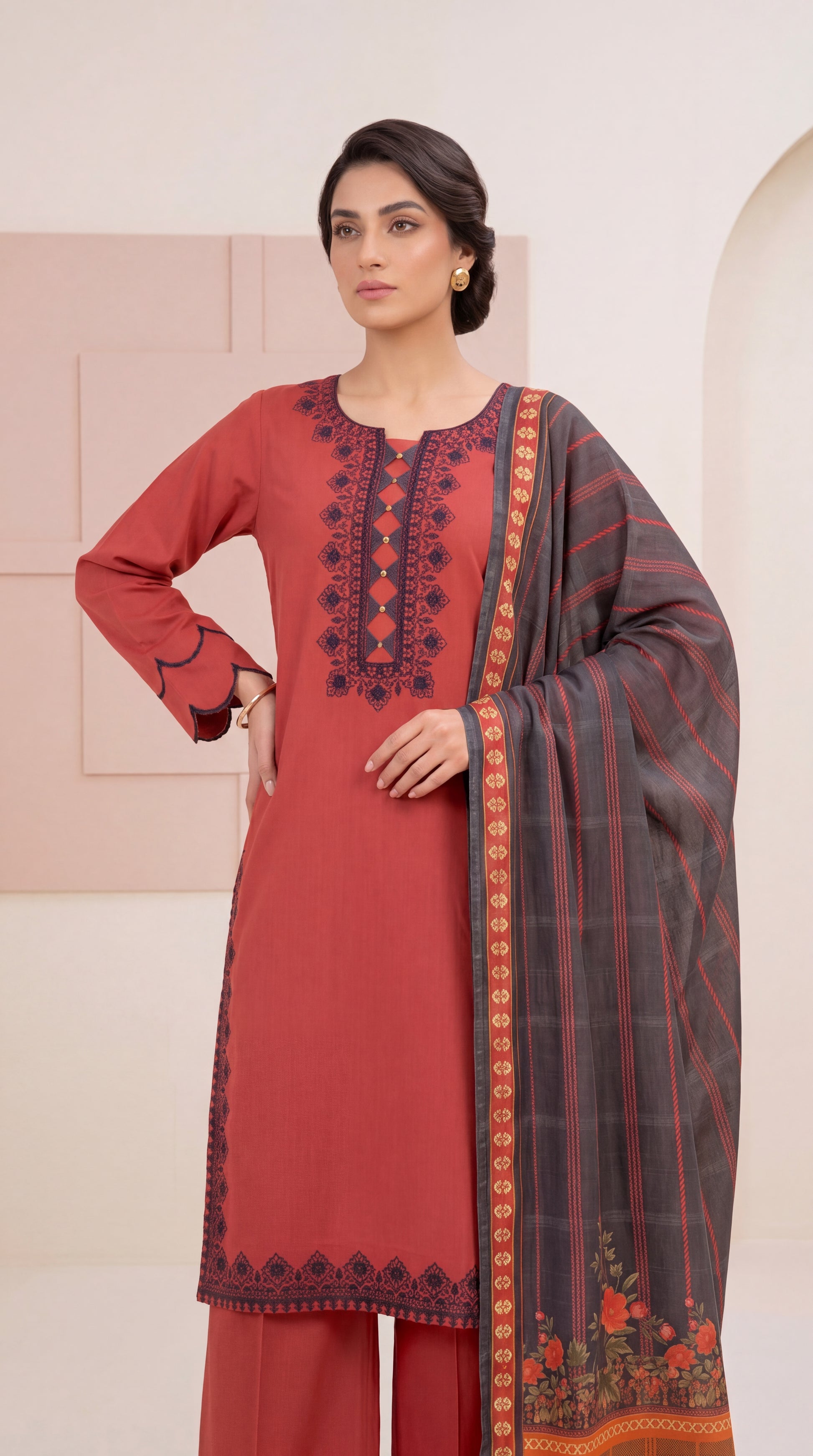 Off White Straight Shirt Style & Premium Threadwork 3 Piece Women Suit - PP00006 RED / SML