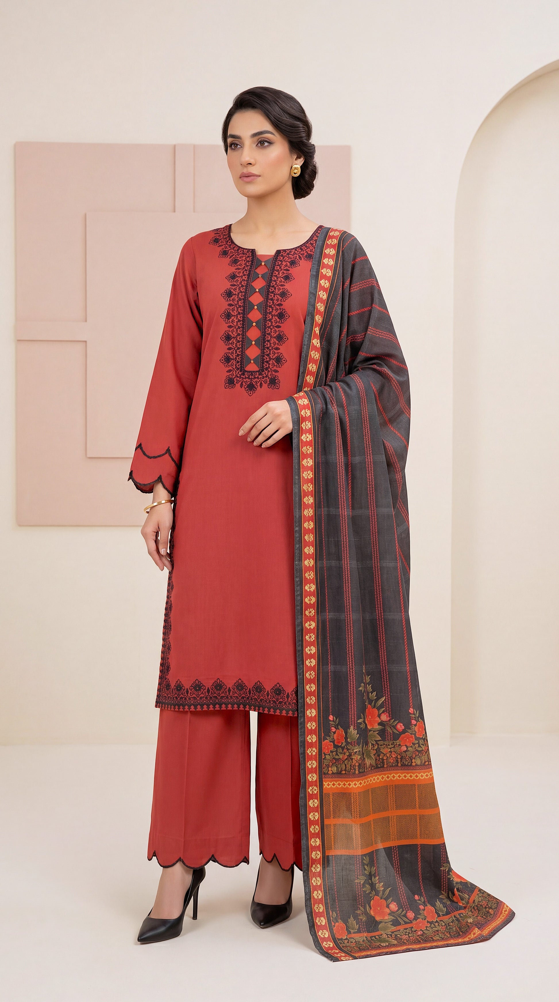 Off White Straight Shirt Style & Premium Threadwork 3 Piece Women Suit - PP00006 RED / SML