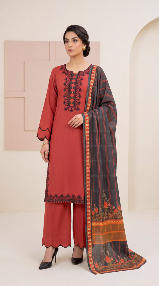 Off White Straight Shirt Style & Premium Threadwork 3 Piece Women Suit - PP00006 RED / SML