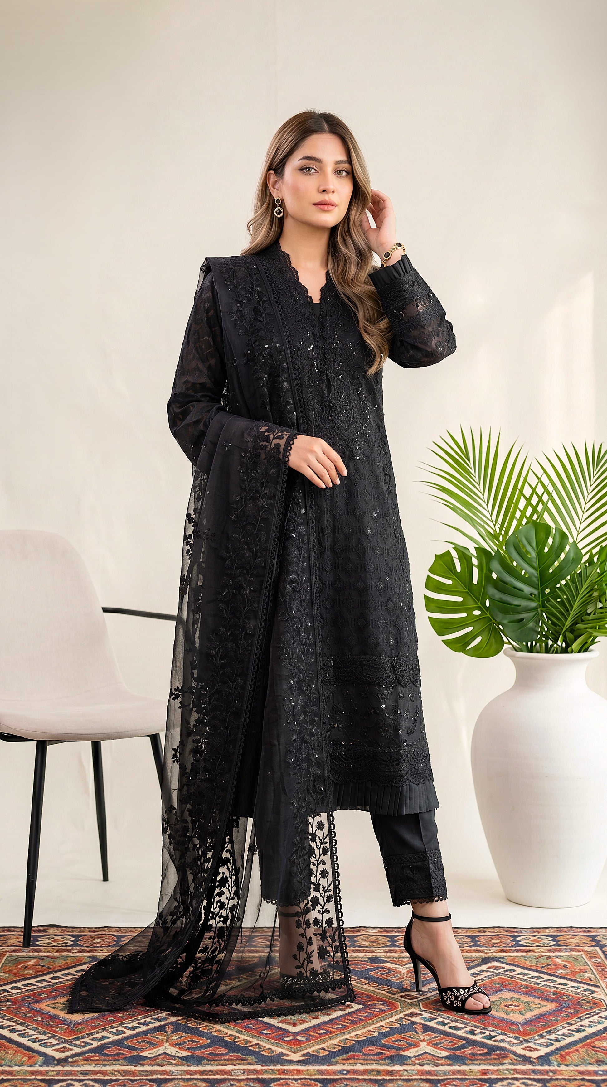 Plum Purple Wide Trouser Fit & Emb Panel 2 Piece Women Suit - PP00017 BLACK / SML