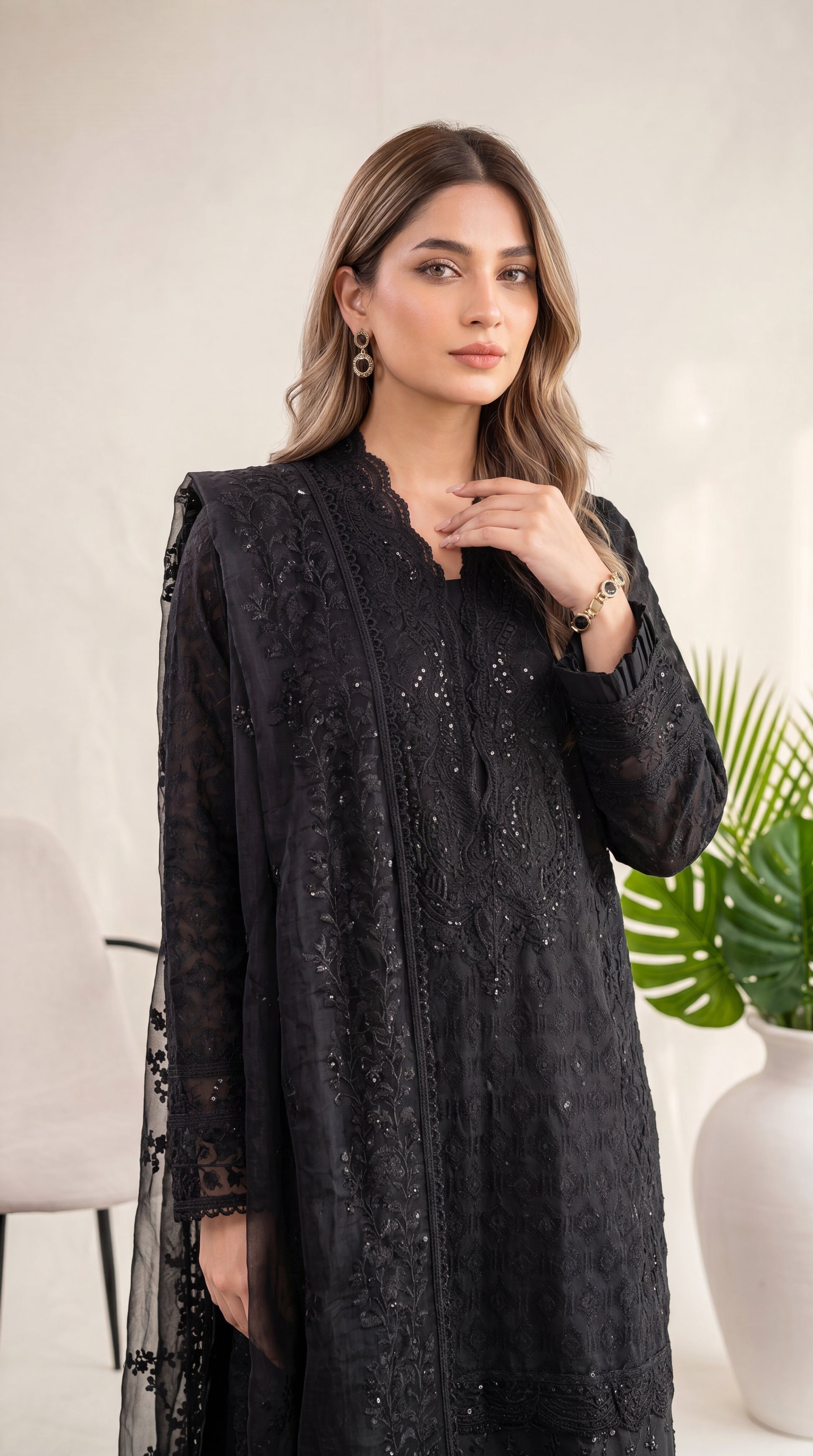 Plum Purple Wide Trouser Fit & Emb Panel 2 Piece Women Suit - PP00017 BLACK / SML