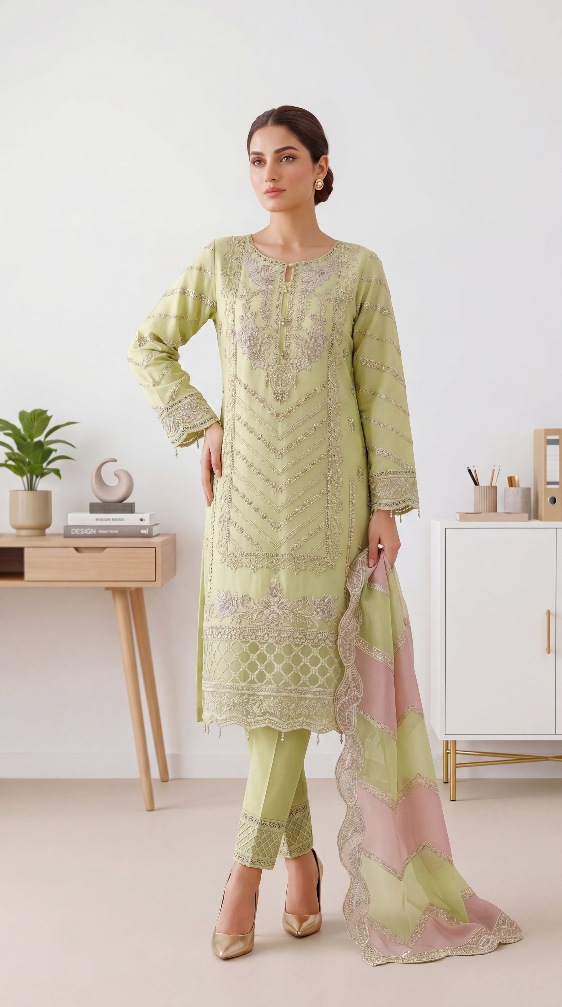 Women's Pret Wear PP00033 Rust Minimal Dupatta 3 Piece C GREEN / SML