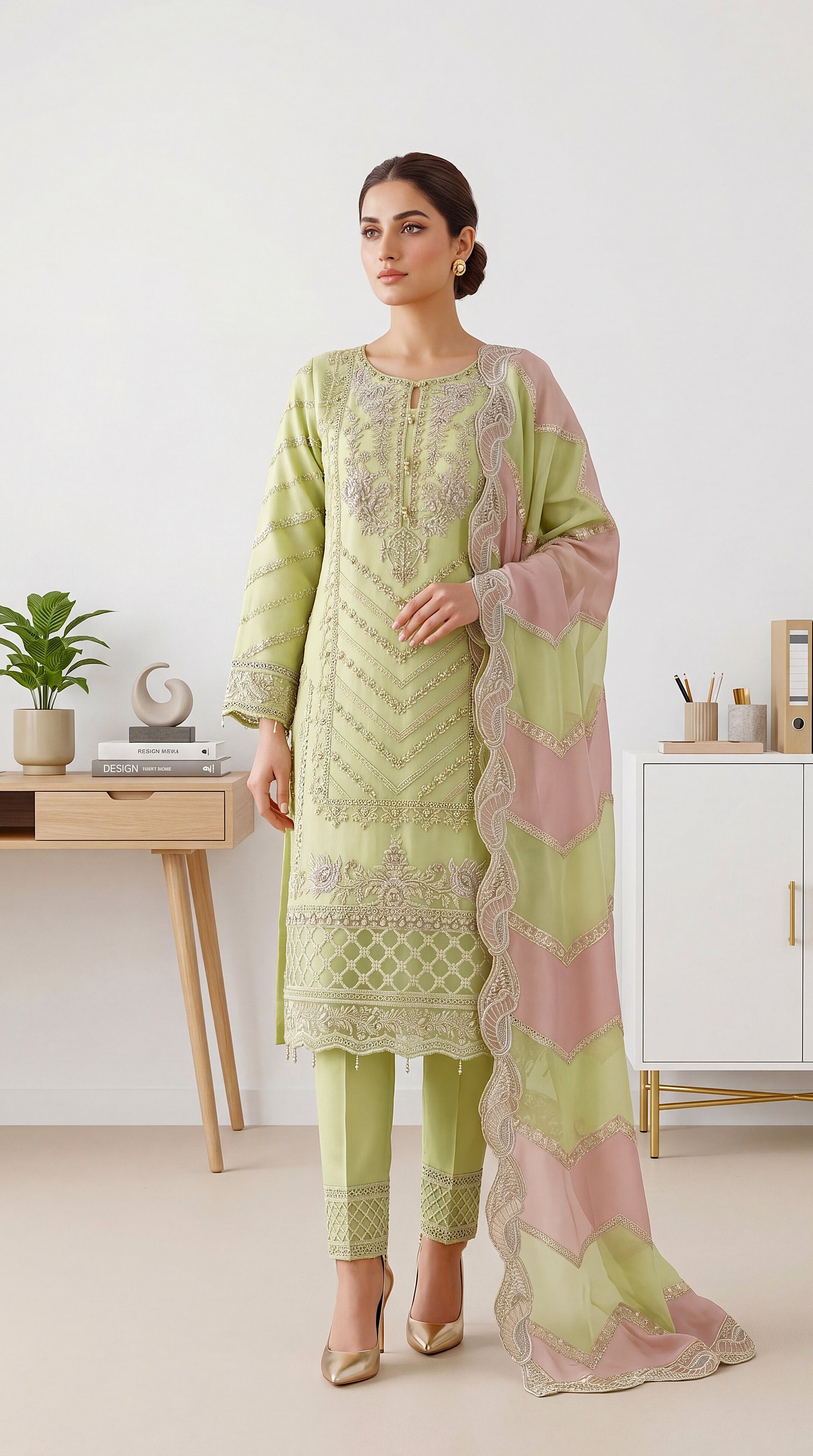 Women's Pret Wear PP00033 Rust Minimal Dupatta 3 Piece C GREEN / SML