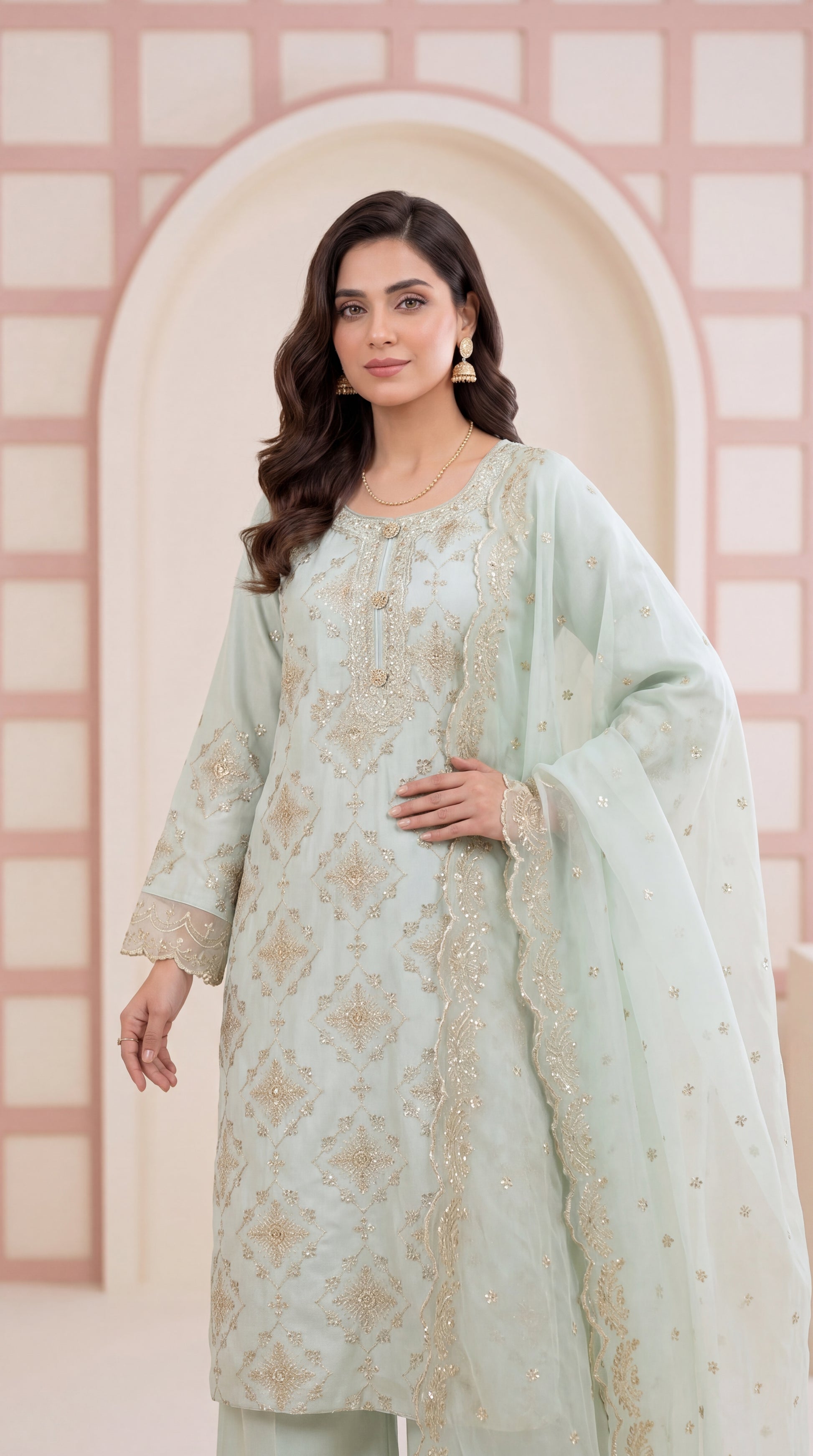 Apple Green Classic Pakistani Suit & Cotton Net Dupatta 3 Piece Women Suit - PP00105 LIGHT GREEN / SML