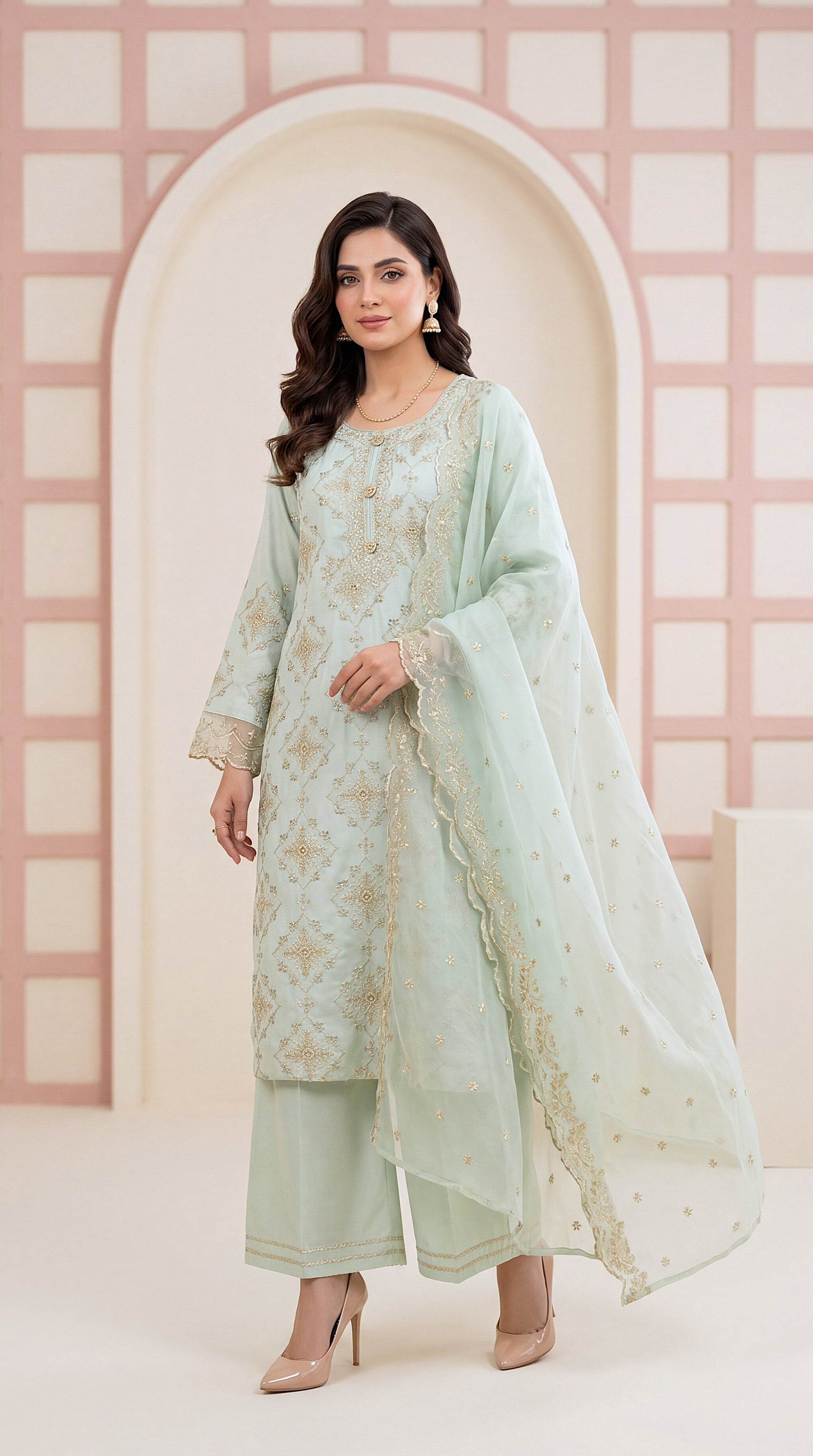 Apple Green Classic Pakistani Suit & Cotton Net Dupatta 3 Piece Women Suit - PP00105 LIGHT GREEN / SML
