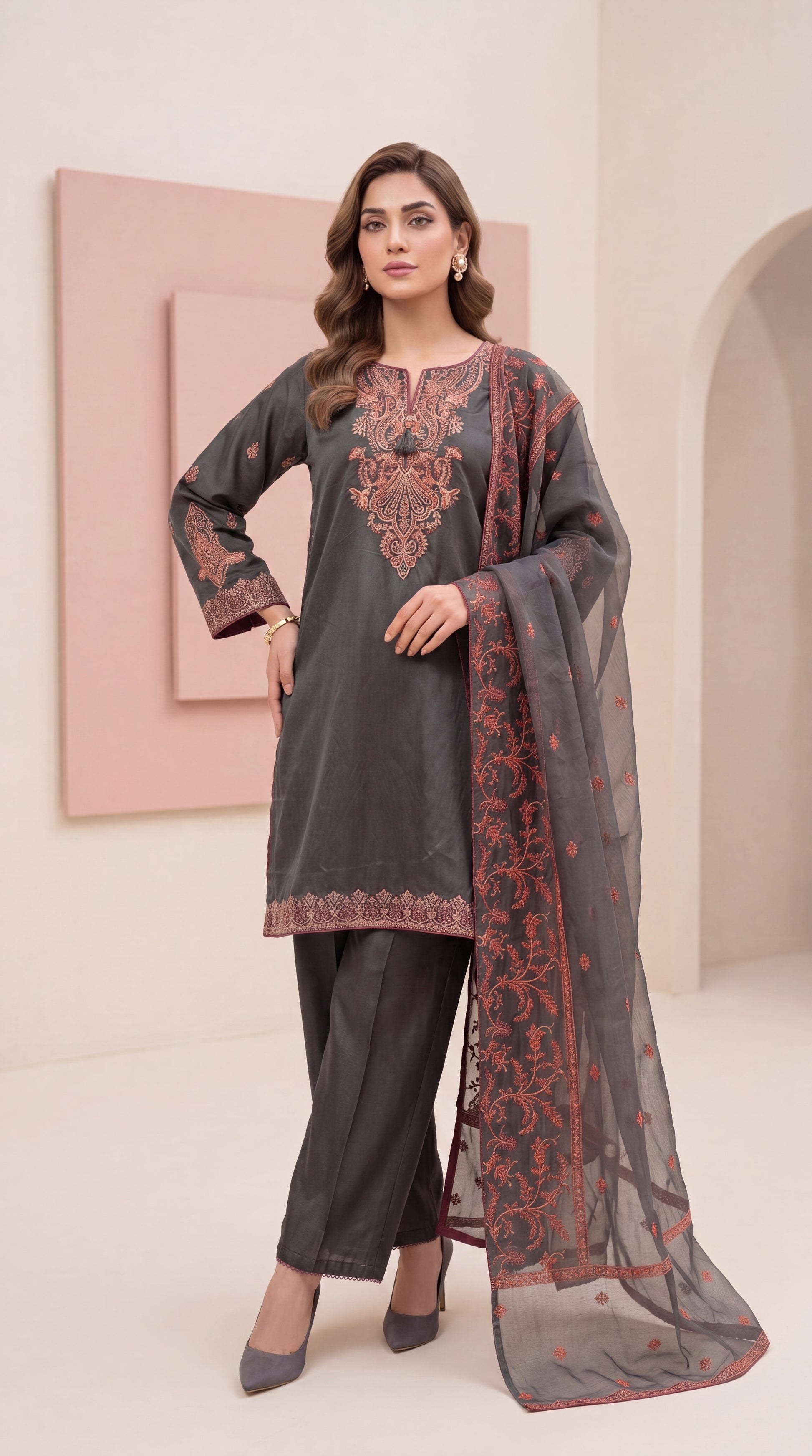 Cloud White Trending Eastern Wear & Thread Work Neckline 2 Piece Women Suit - PP00109 GREEN / LRG